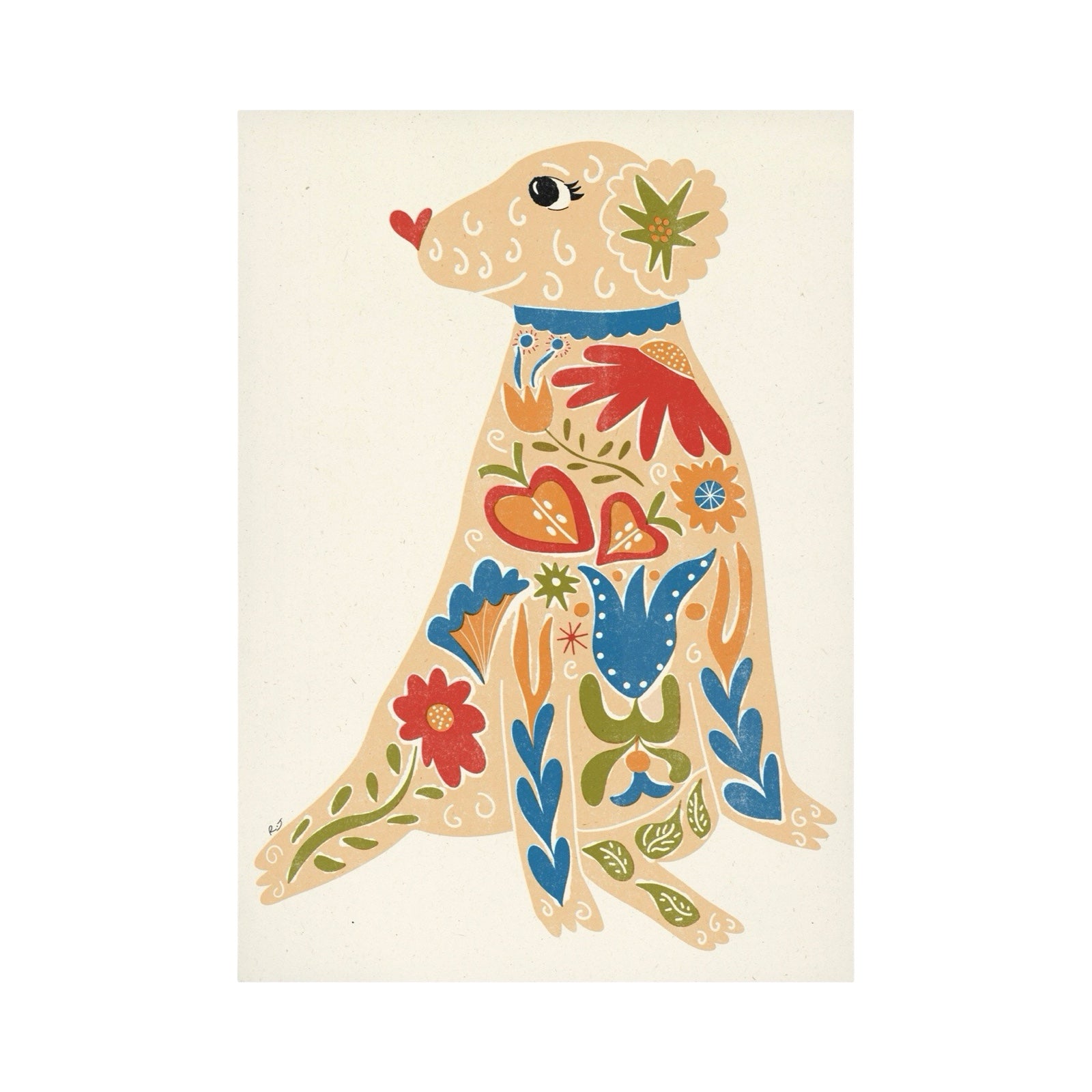 A folk-art style illustration of a seated dog on a cream background, decorated with colourful floral and geometric motifs in red, blue, green, orange, and yellow.