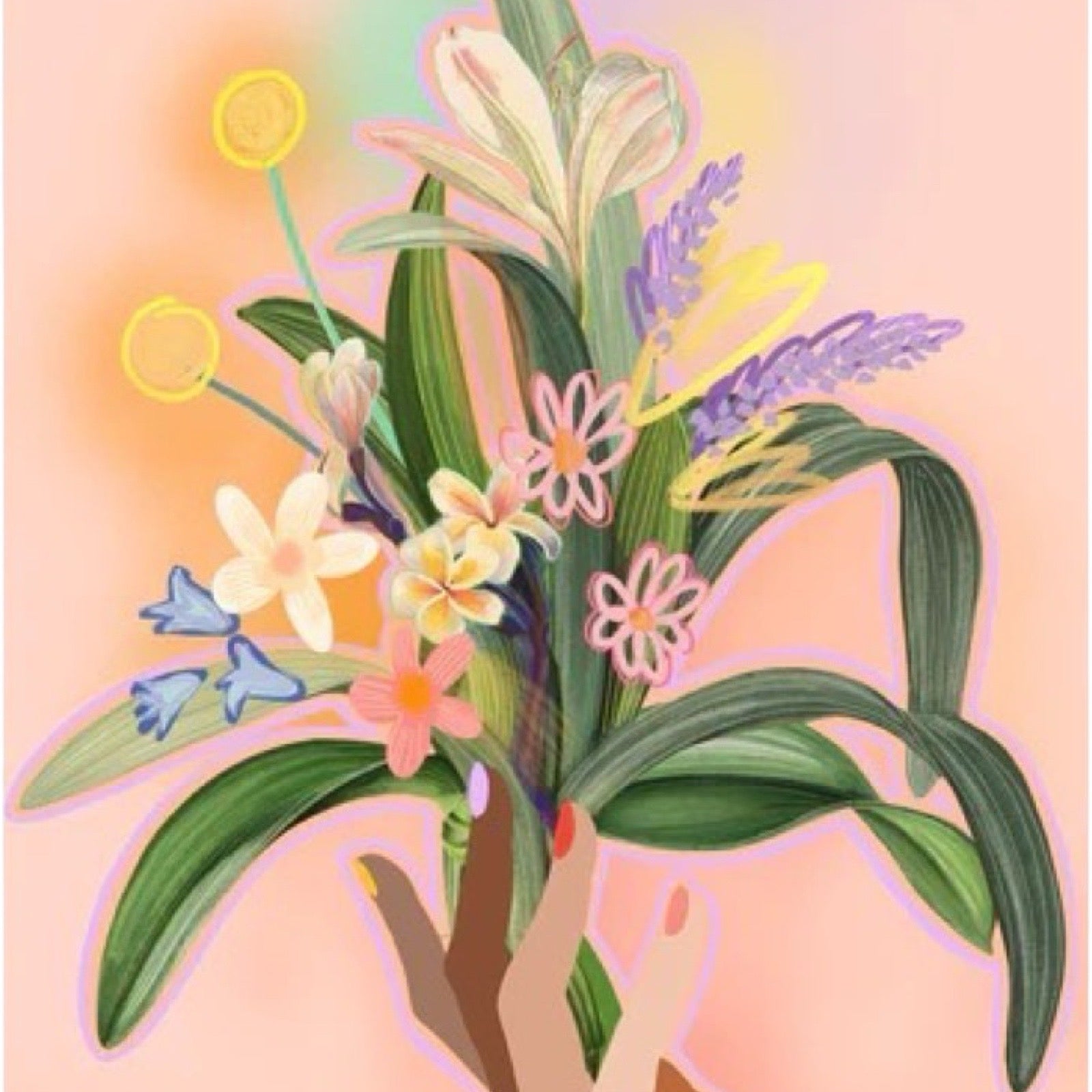 Art print featuring a hand (with fingers in different skin tones) holding a large bunch of colourful flowers.