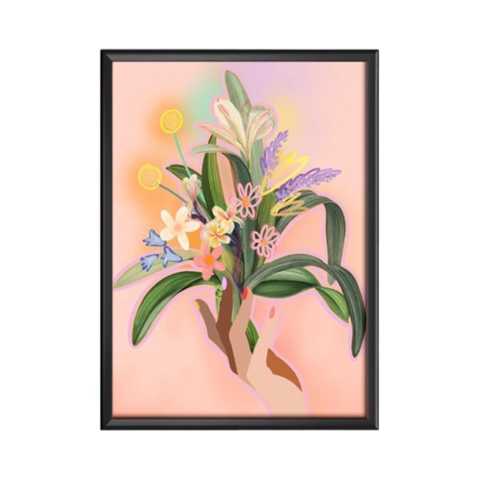 Art print featuring a hand (with fingers in different skin tones) holding a large bunch of colourful flowers.