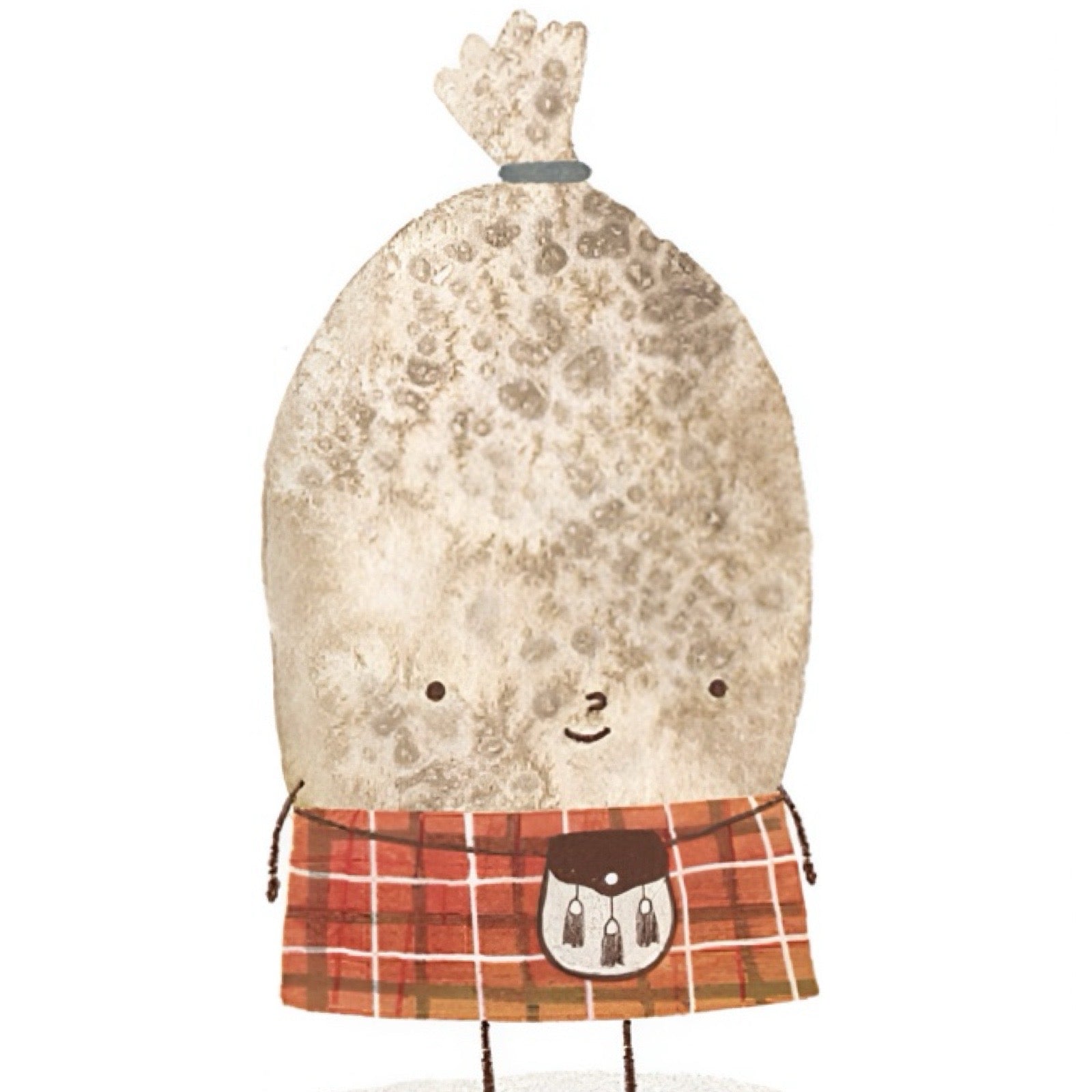 Postcard featuring an illustration of a haggis wearing a red tartan kilt.