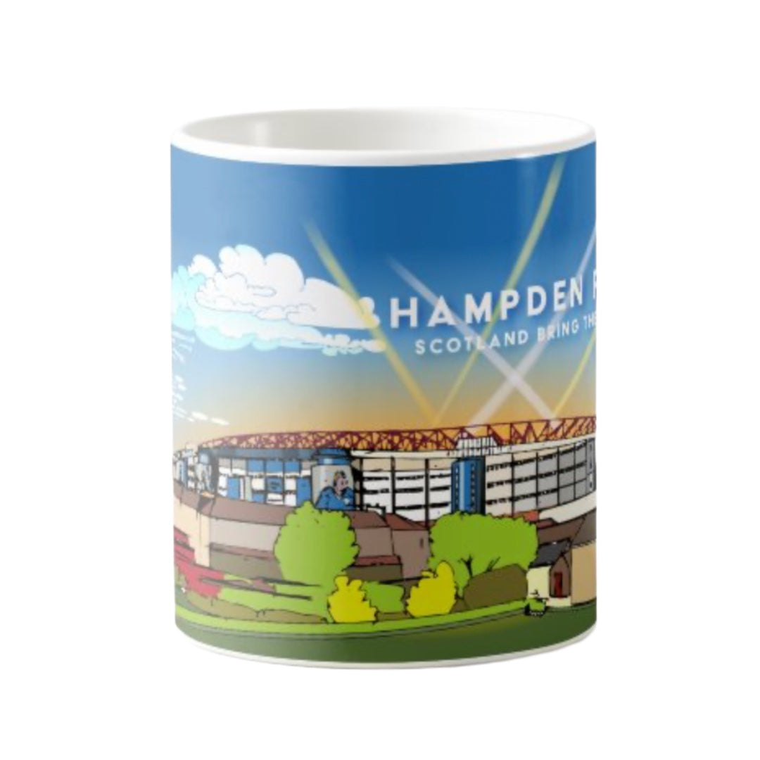Mug featuring a panoramic artwork of Scotland's famous Hampden Park Stadium, home of Scottish football
