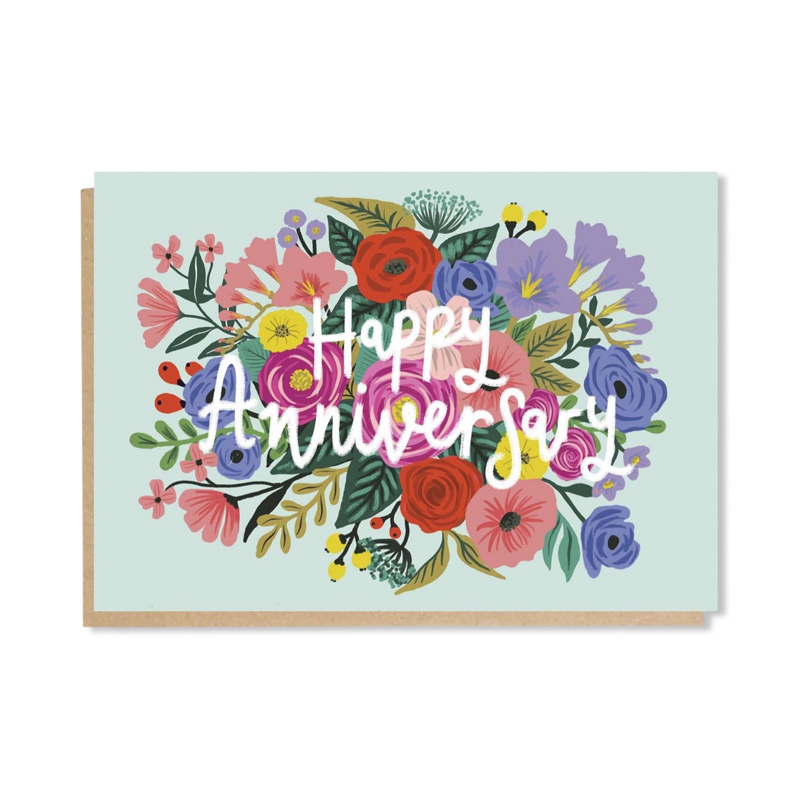 Anniversary card featuring a colourful bouquet on a pale blue background and the text 'Happy Anniversary' handwritten in white in the centre.