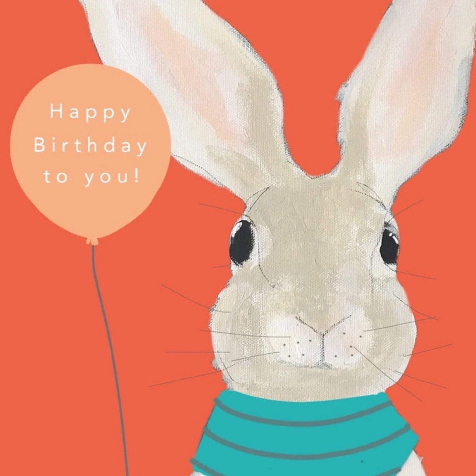 Happy Birthday card featuring an illustration of Buttons the rabbit holding an orange balloon with the text 'Happy Birthday to You' inside.