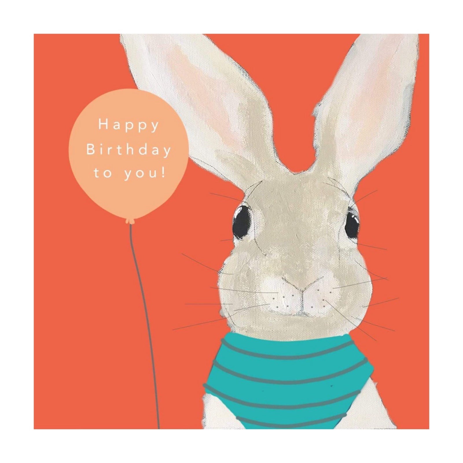 Happy Birthday card featuring an illustration of Buttons the rabbit holding an orange balloon with the text 'Happy Birthday to You' inside