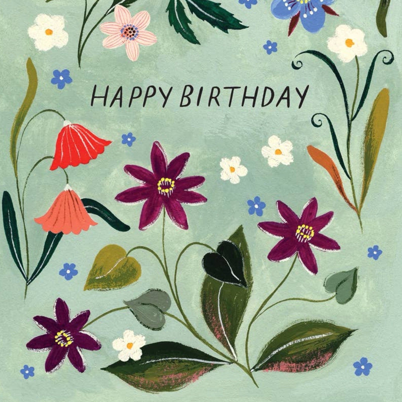 A floral greeting card design with the words “HAPPY BIRTHDAY” in black lettering across a pale mint background. The card is decorated with hand-painted style flowers in purple, coral, white, blue, and green, with swirling vine details around the edges.