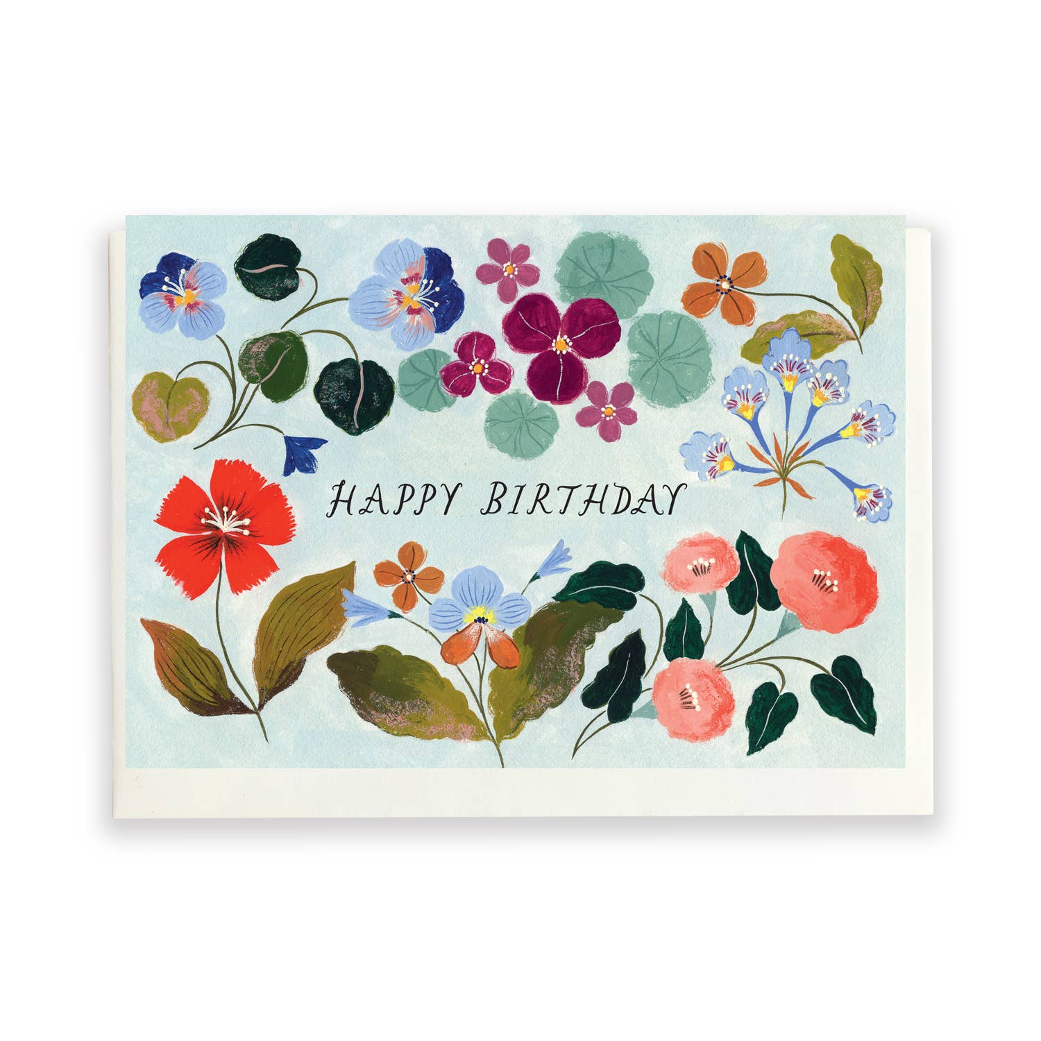 Floral birthday card with colourful flowers and 'Happy Birthday' text on a light blue background.