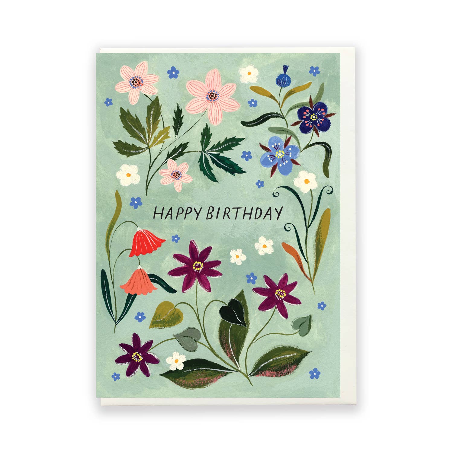 Floral birthday card with colourful flowers on a light green background.