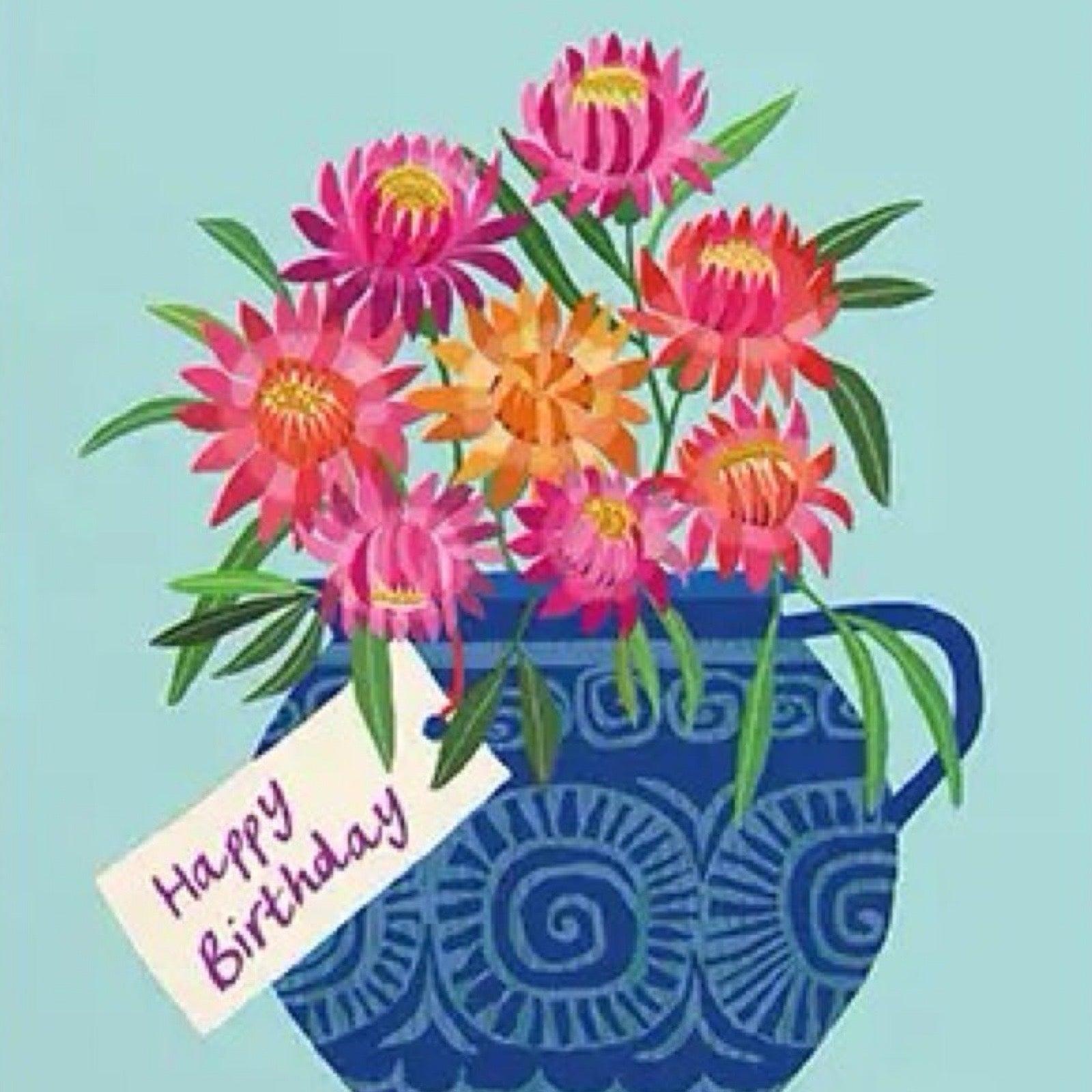 Birthday card featuring a bunch of pink and orange flowers in a blue vase, all on a pale blue background.