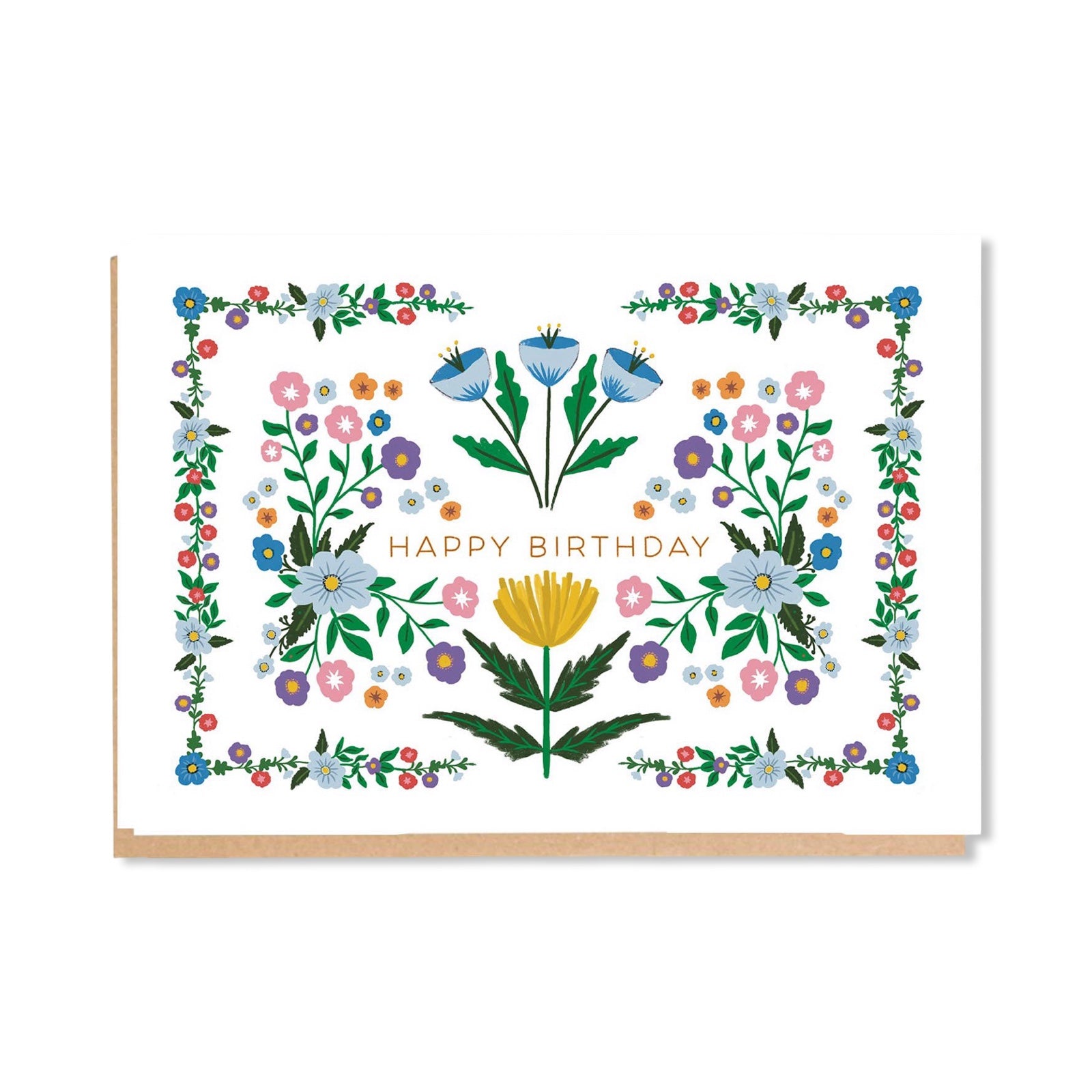 Birthday card featuring a colourful folk flowers design with the text 'Happy Birthday' in gold in the centre.