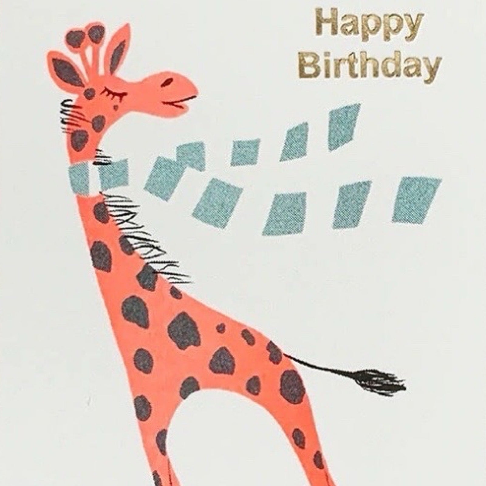 Birthday card featuring a giraffe wearing a blue and white striped scarf riding a skateboard and the text 'Happy Birthday' written in gold.