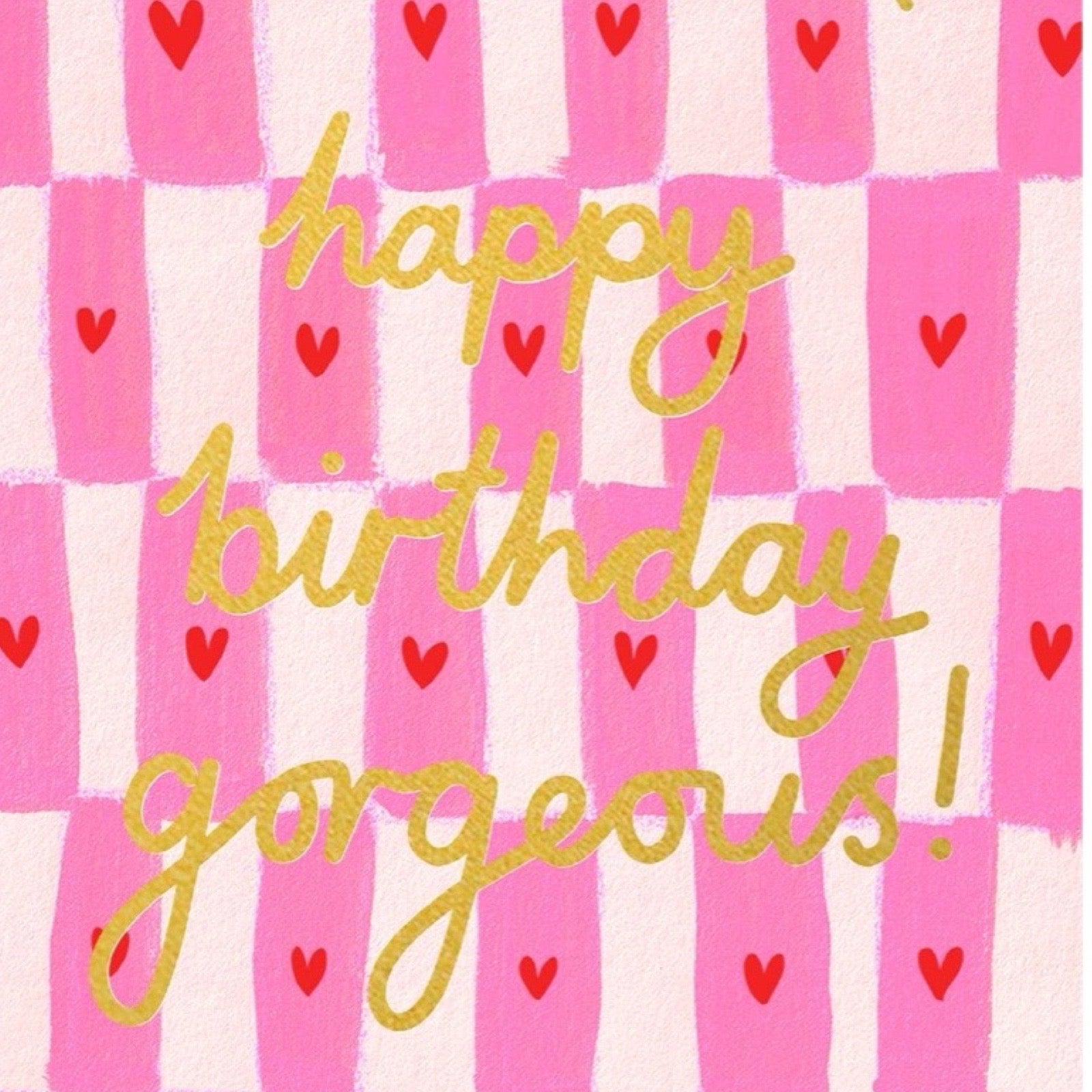 Happy birthday card with pink and white checkered background, red hearts, and gold text.