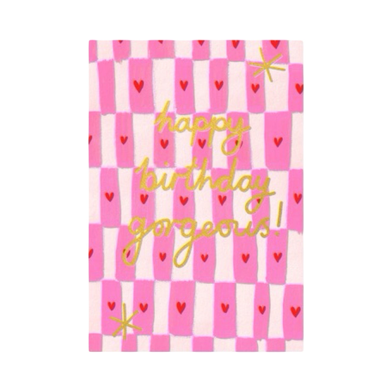 Greeting card with pink and white checkered pattern, red hearts, and gold text on a white background.