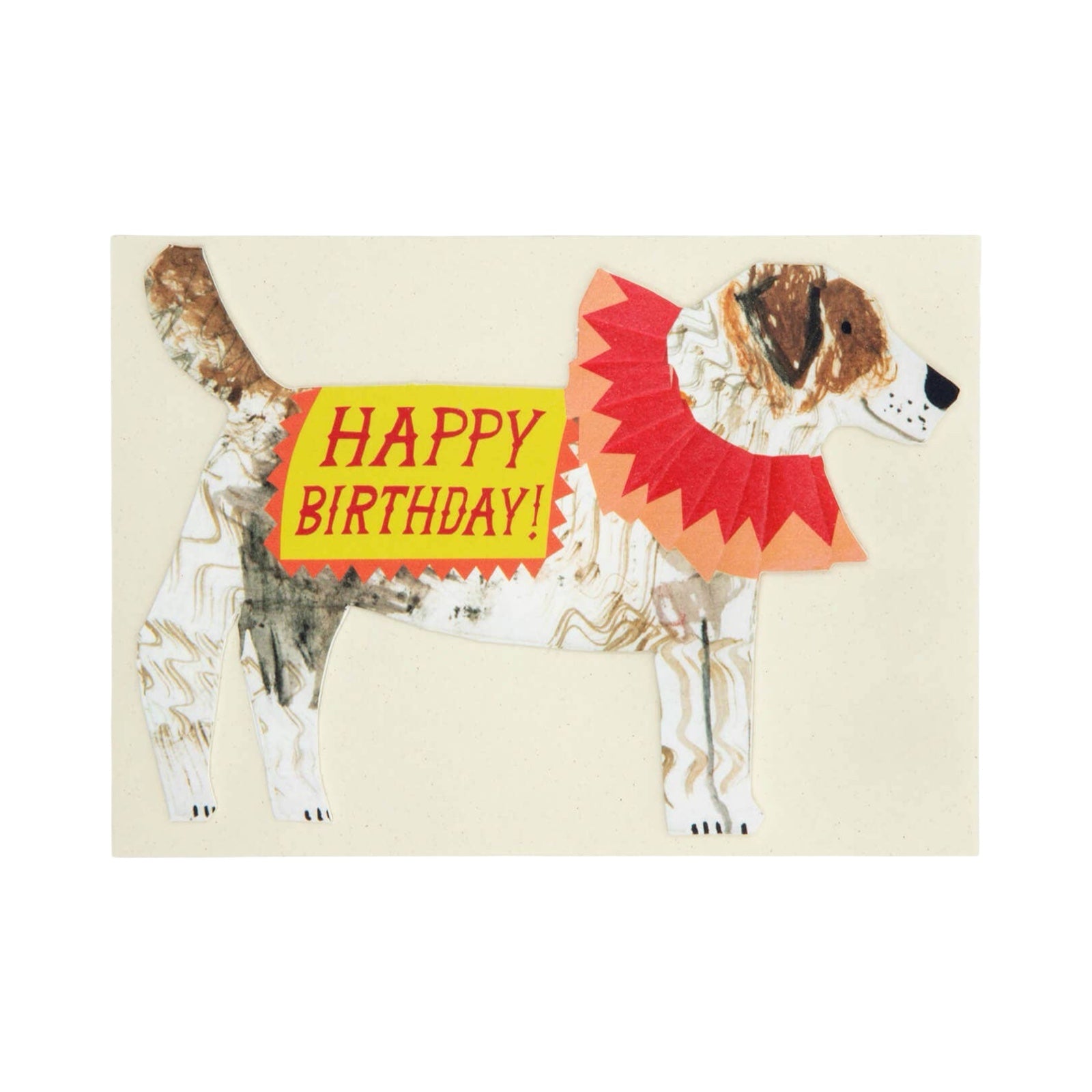This fabulous dog-shaped birthday card features a brown and white Jack Russell wearing a red party collar and a Happy Birthday blanket. 