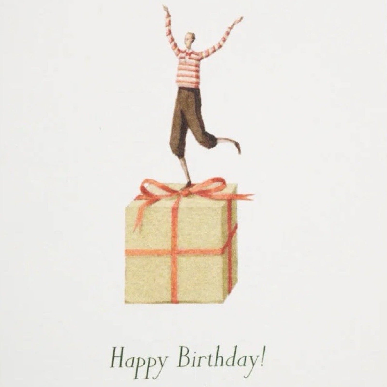 Illustration of a person on top of a gift with 'Happy Birthday!' text on a light background.