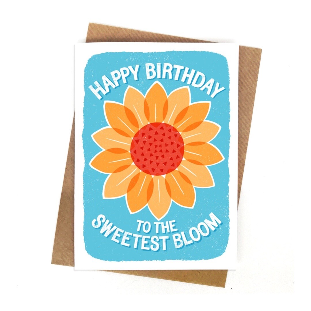 Birthday card with a large red and yellow flower on a turquoise background and the text 'happy birthday to the sweetest bloom'.