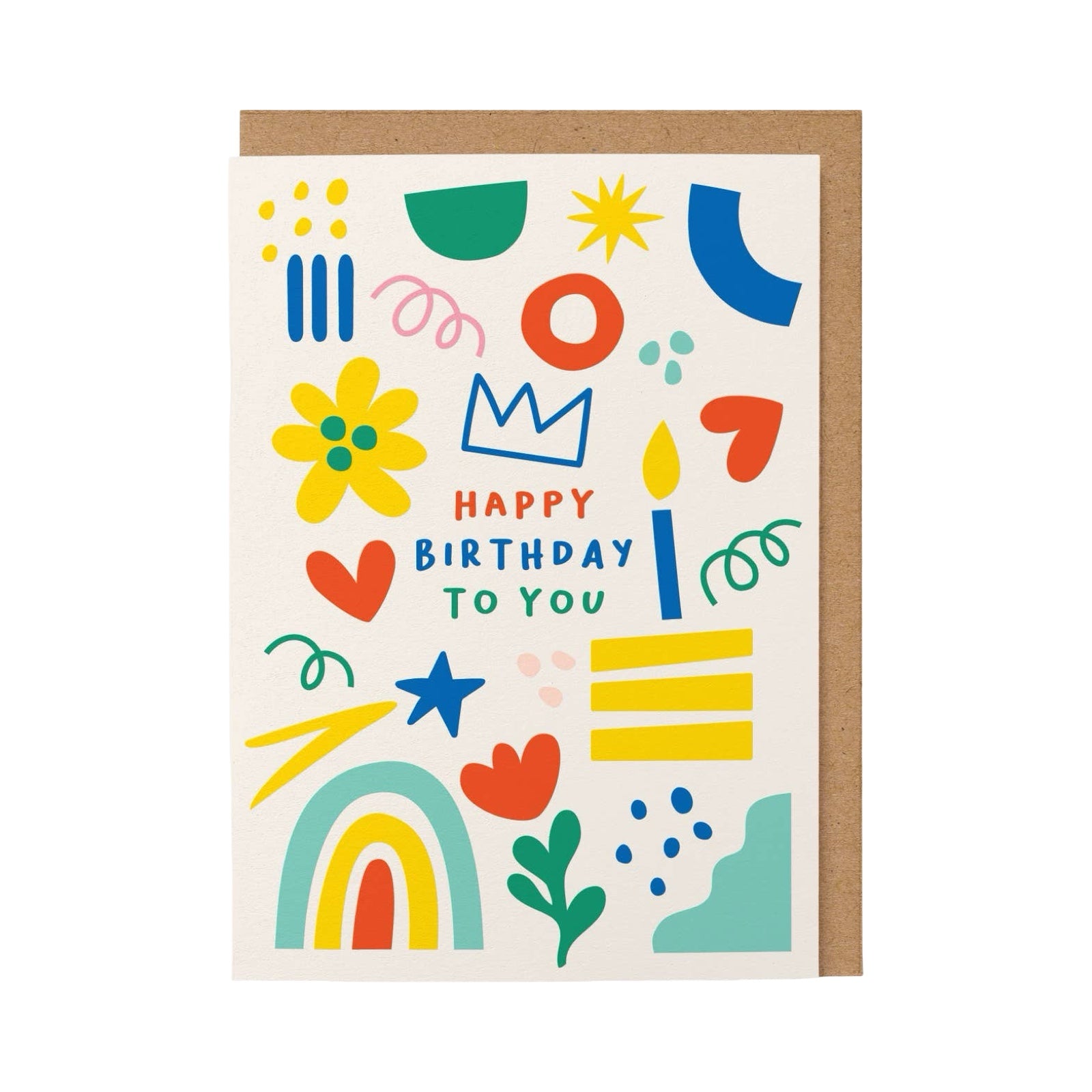 Birthday card featuring an abstract design of a birthday cake, a rainbow, a tulip and many more, with the text 'Happy Birthday To You'.