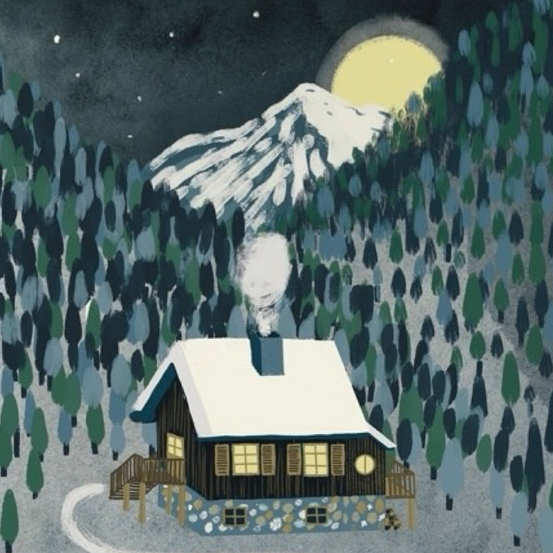 Christmas card featuring an illustration of a bothy in a forest with the moon setting over the mountains in the background and the text 'Happy Christmas'.