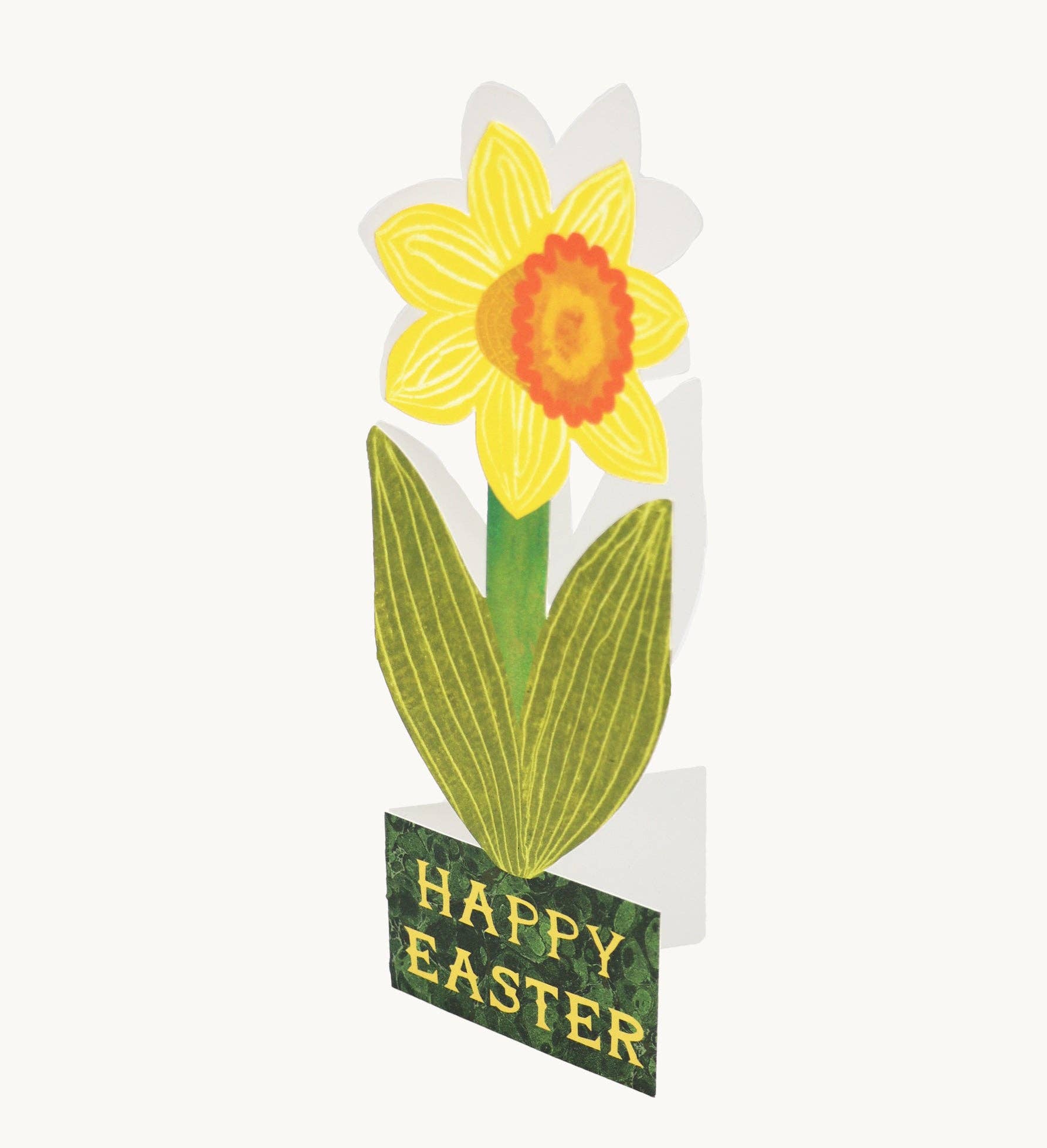Card with a daffodil and 'Happy Easter' text on a white background.