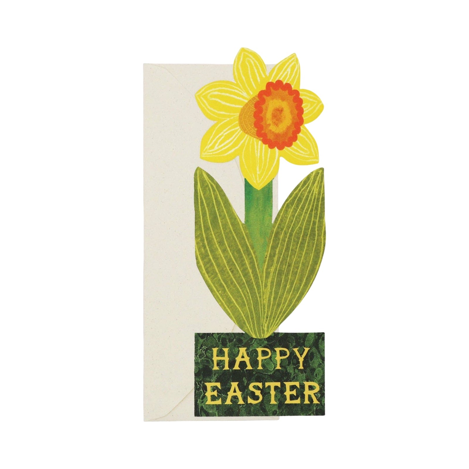 Greeting card with a daffodil and 'Happy Easter' text on a white background.