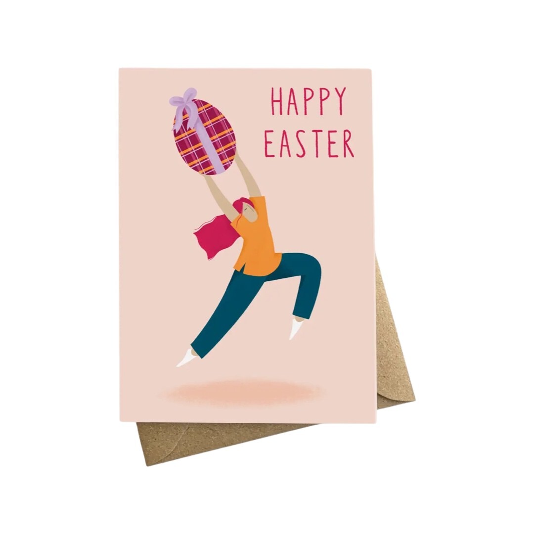 Happy Easter card featuring an illustration of a lady holding a giant easter egg above her head.