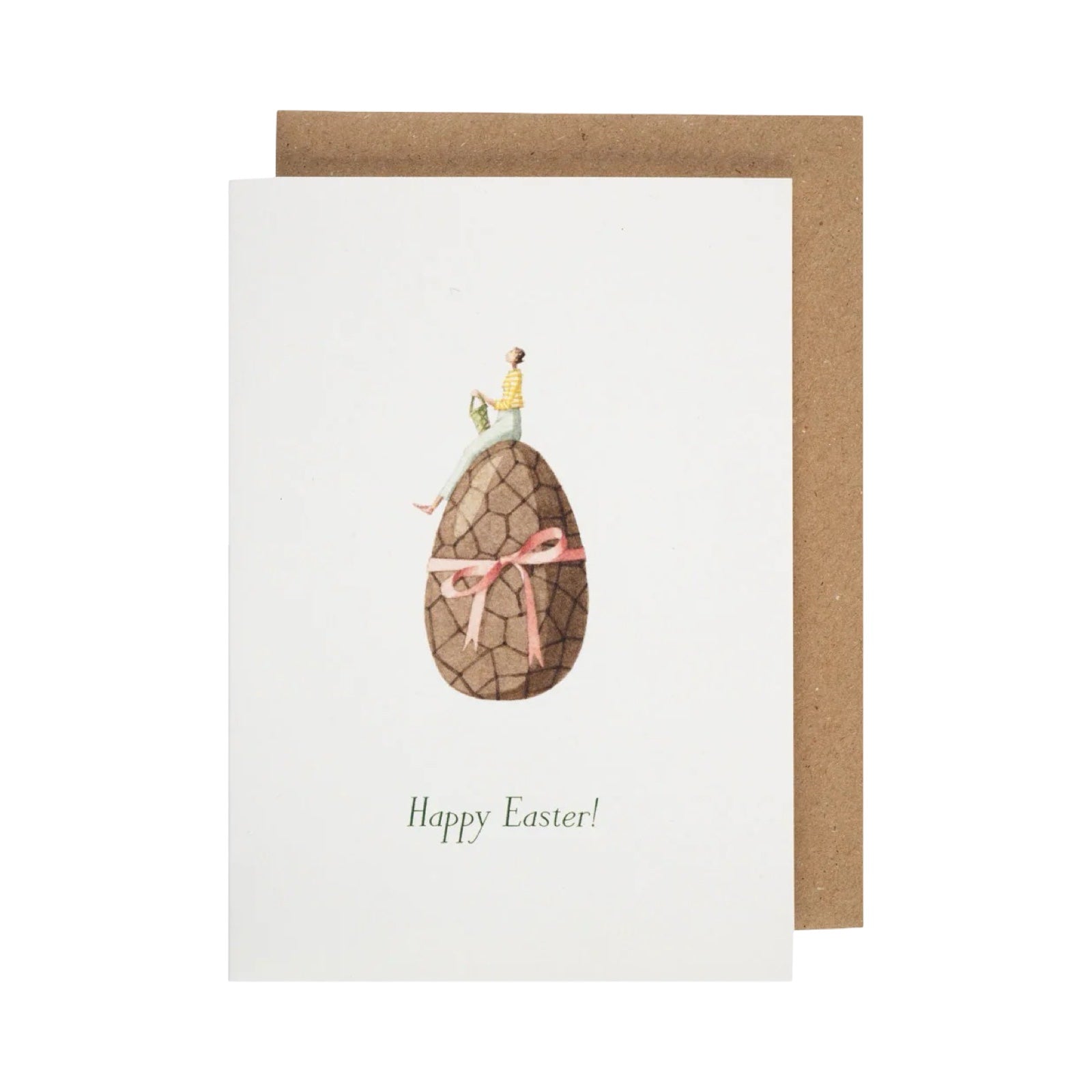 Easter greeting card with a cracked egg and woman illustration on a white background.