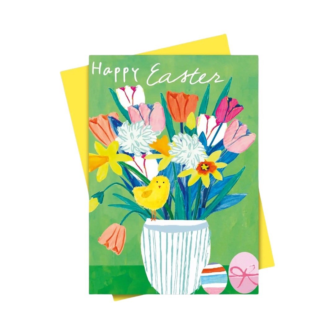 Easter card featuring a colourful bunch of tulips and daffodils in a white pot with the text 'Happy Easter' all against a green background