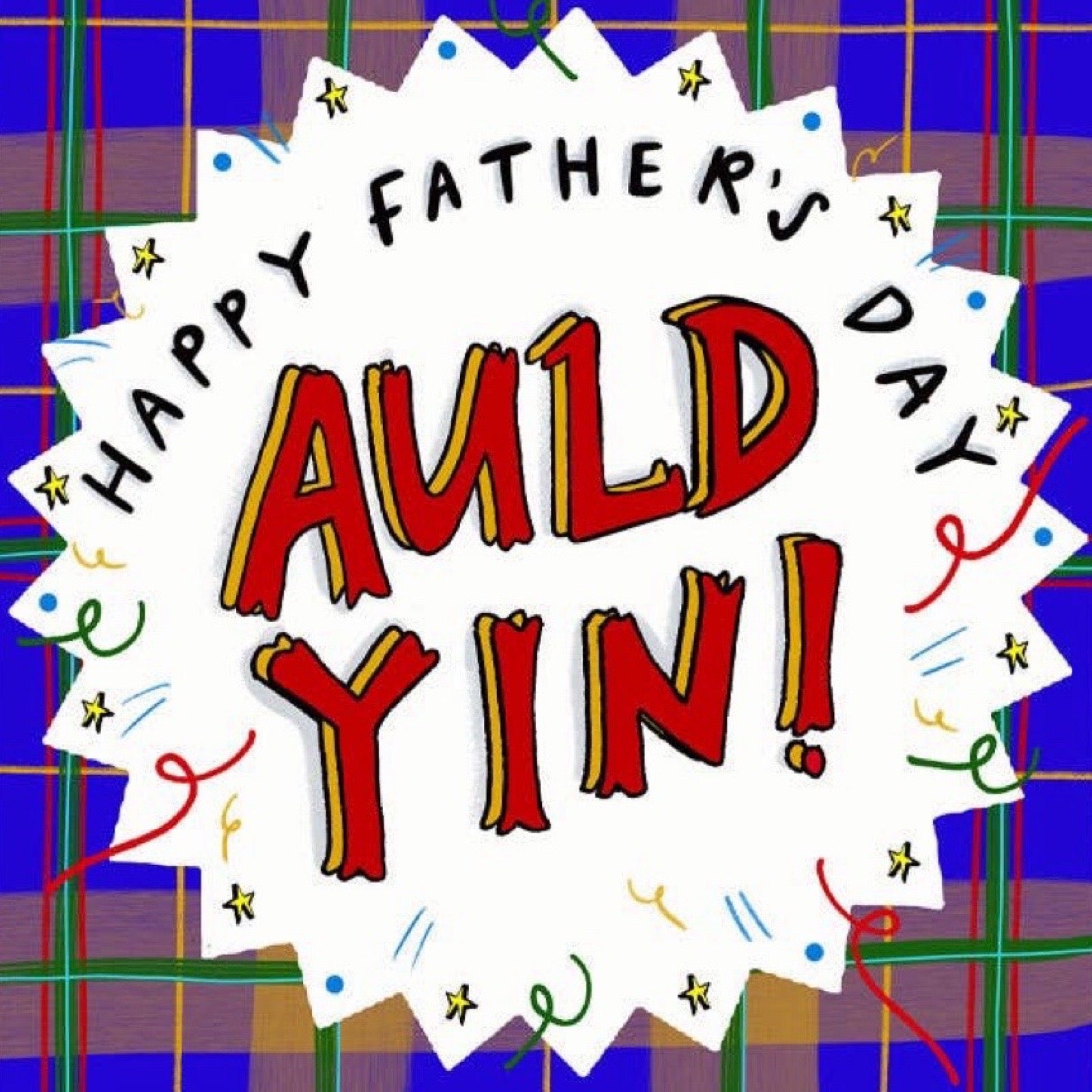 Father's Day card with 'Auld Yin!' text on a tartan background.