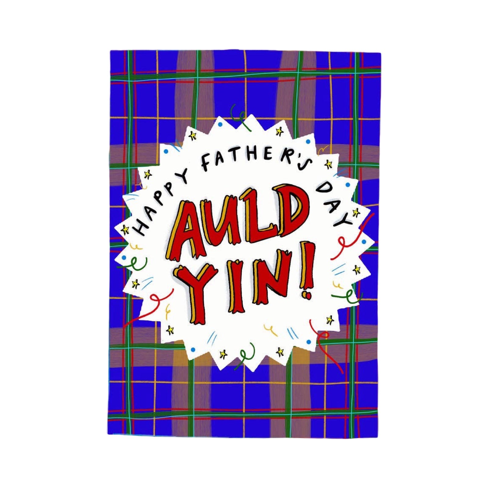 Father's Day card with 'Auld Yin!' text on a tartan background.