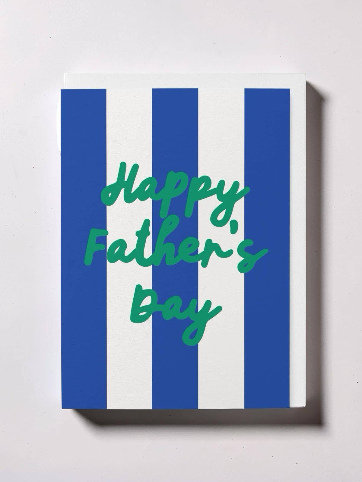 Card with blue and white stripes and 'Happy Father's Day' text on a white background.