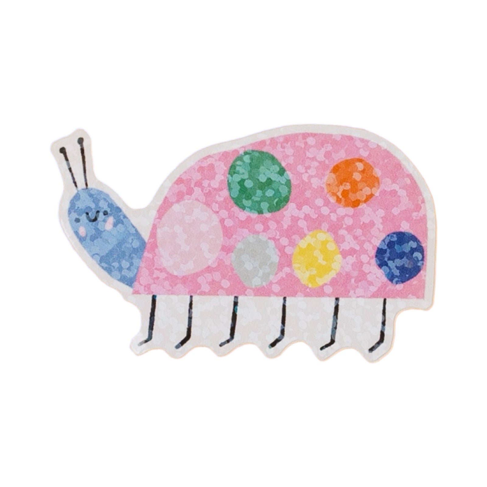 A die-cut sticker shaped like a ladybug, featuring a pink glittery body with colourful polka dots in green, orange, yellow, blue, and white, a blue glittery head with a smiling face, and black legs and antennae, shown on a plain white background.