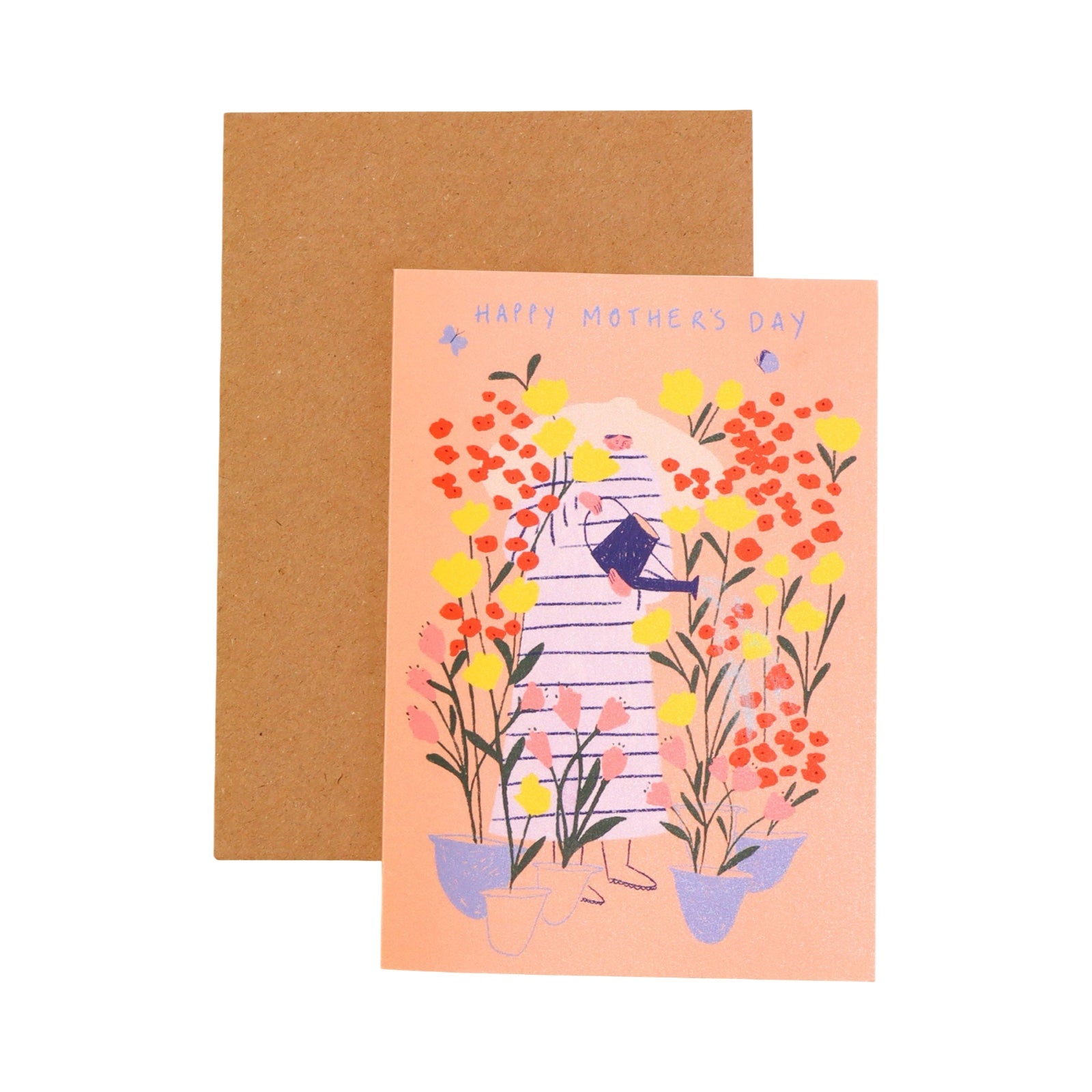 Greeting card with floral design and 'Happy Mother's Day' text, accompanied by a brown envelope on a white background.