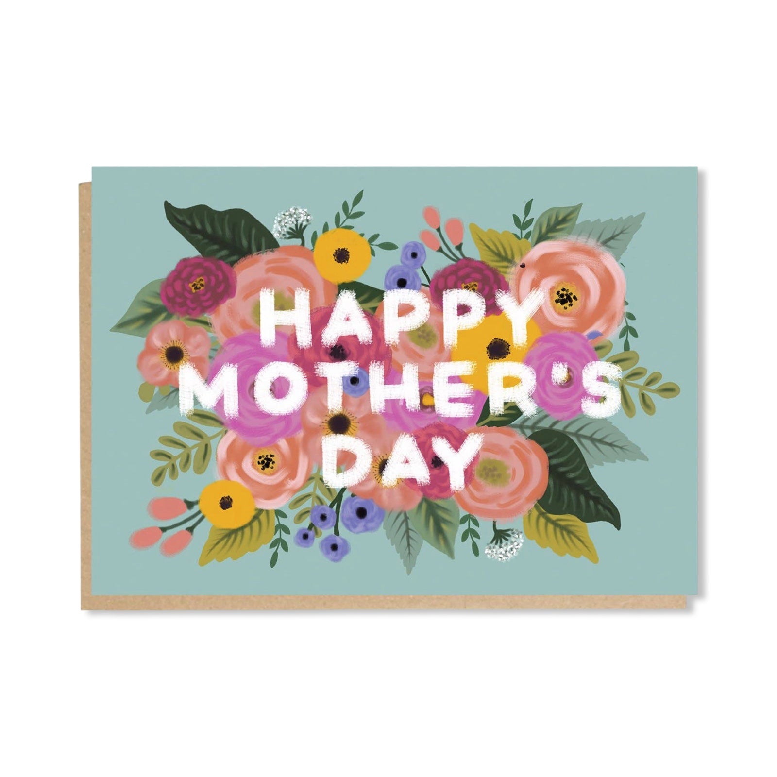 Mother's day card featuring a colourful bouquet against a pale blue background with the text 'Happy Mother's Day' in white in the centre.