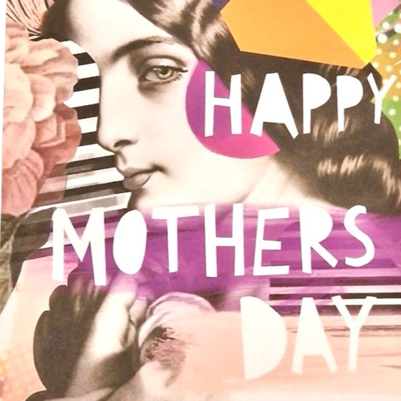 Mother's Day card featuring a lady's face and floral illustrations mixed with abstract shapes and the text 'Happy Mother's Day' in white.
