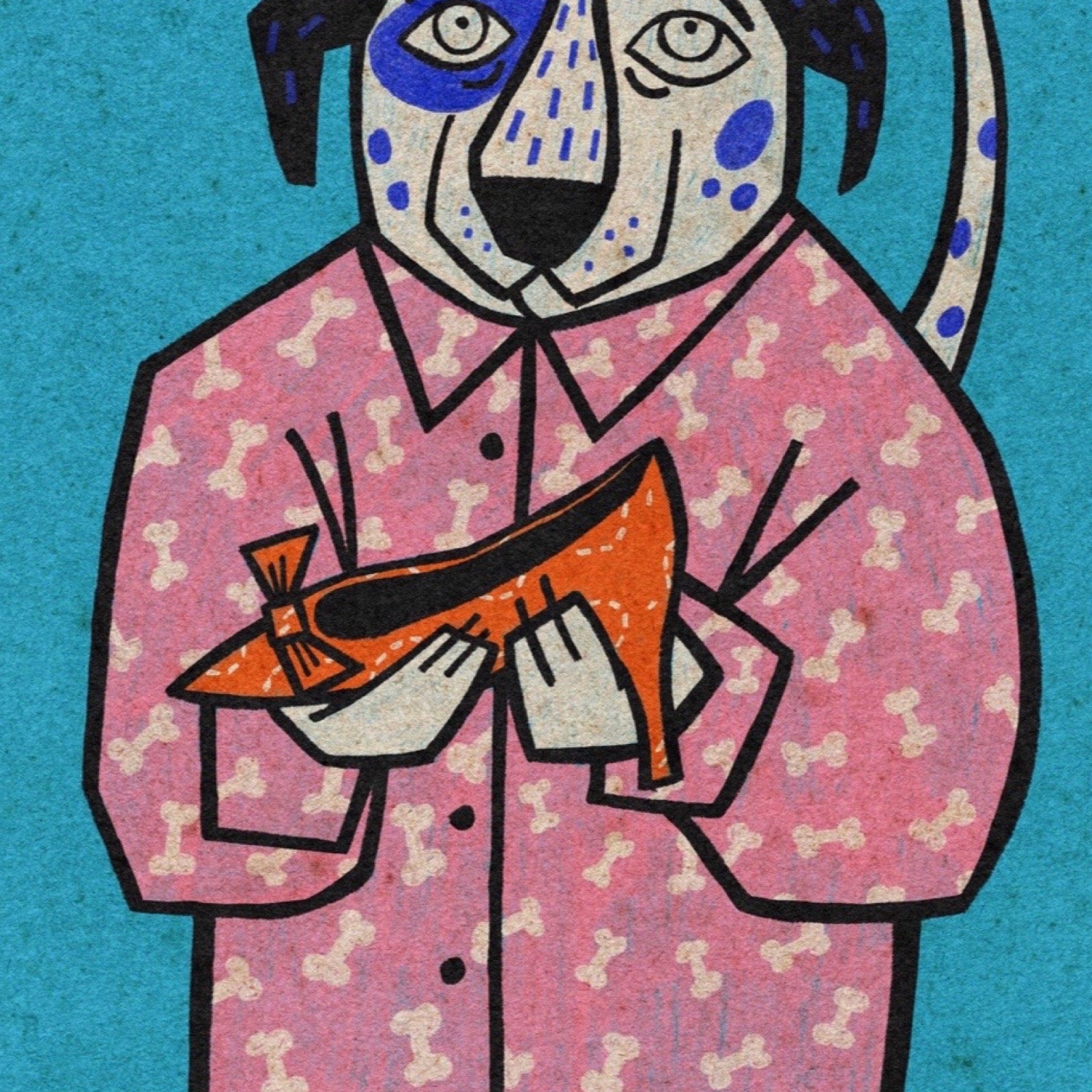 A stylised illustration of a dog wearing a pink shirt with a bone pattern and holding an orange high-heeled shoe, set against a textured teal background.