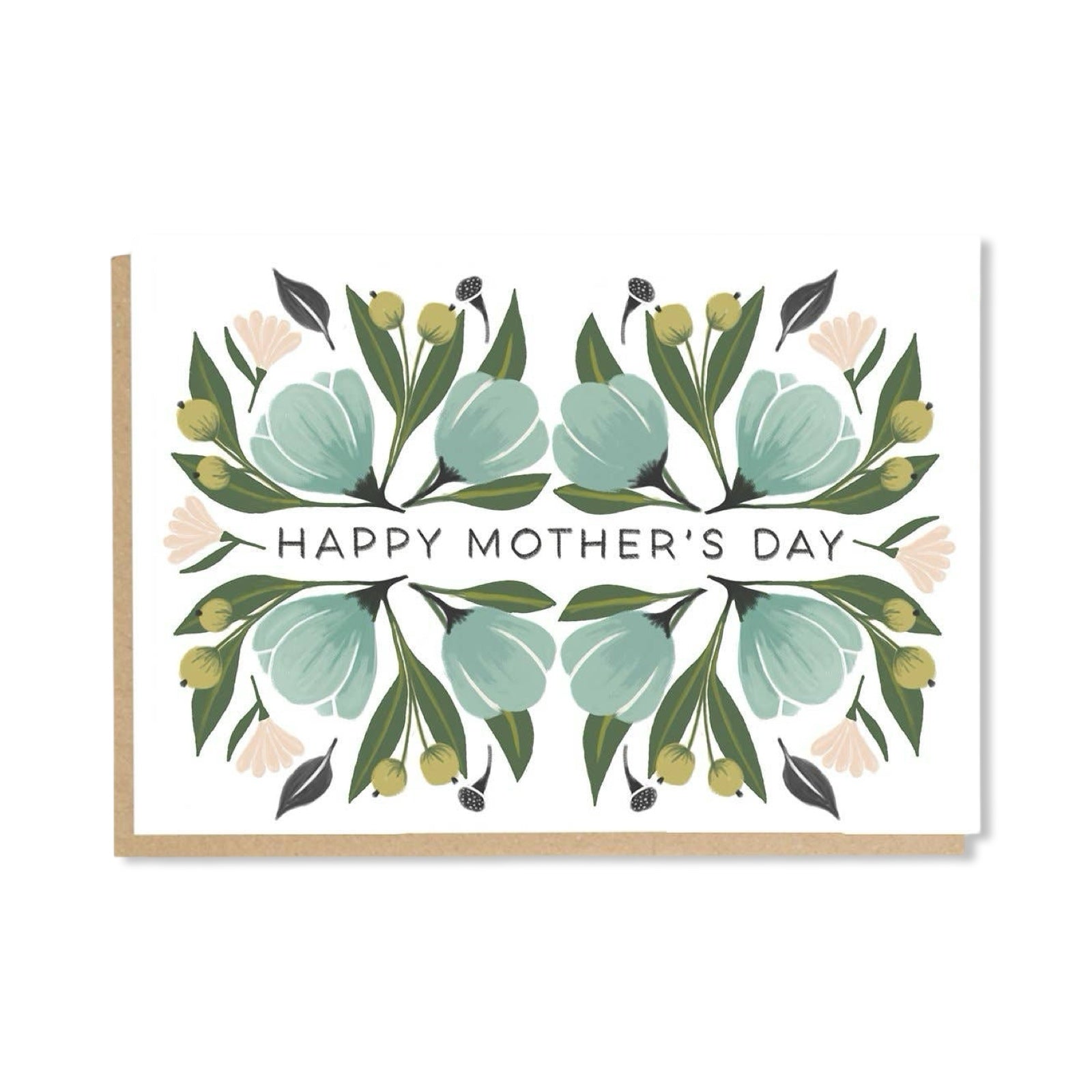 Mother's Day card with a vintage feel featuring green and pale pink flowers with black and green foliage with the text 'Happy Mother's Day' in the centre