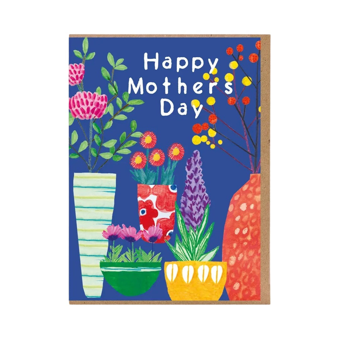 Mother's Day card featuring colourful vases, house plants and bunches of flowers with the text 'Happy Mother's Day'.