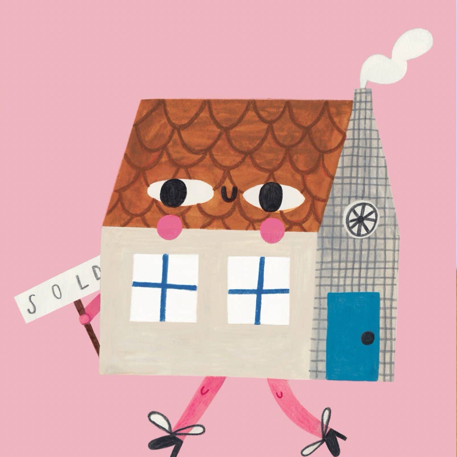 Illustration of a house with a face, chimney, and 'SOLD' sign on a pink background.