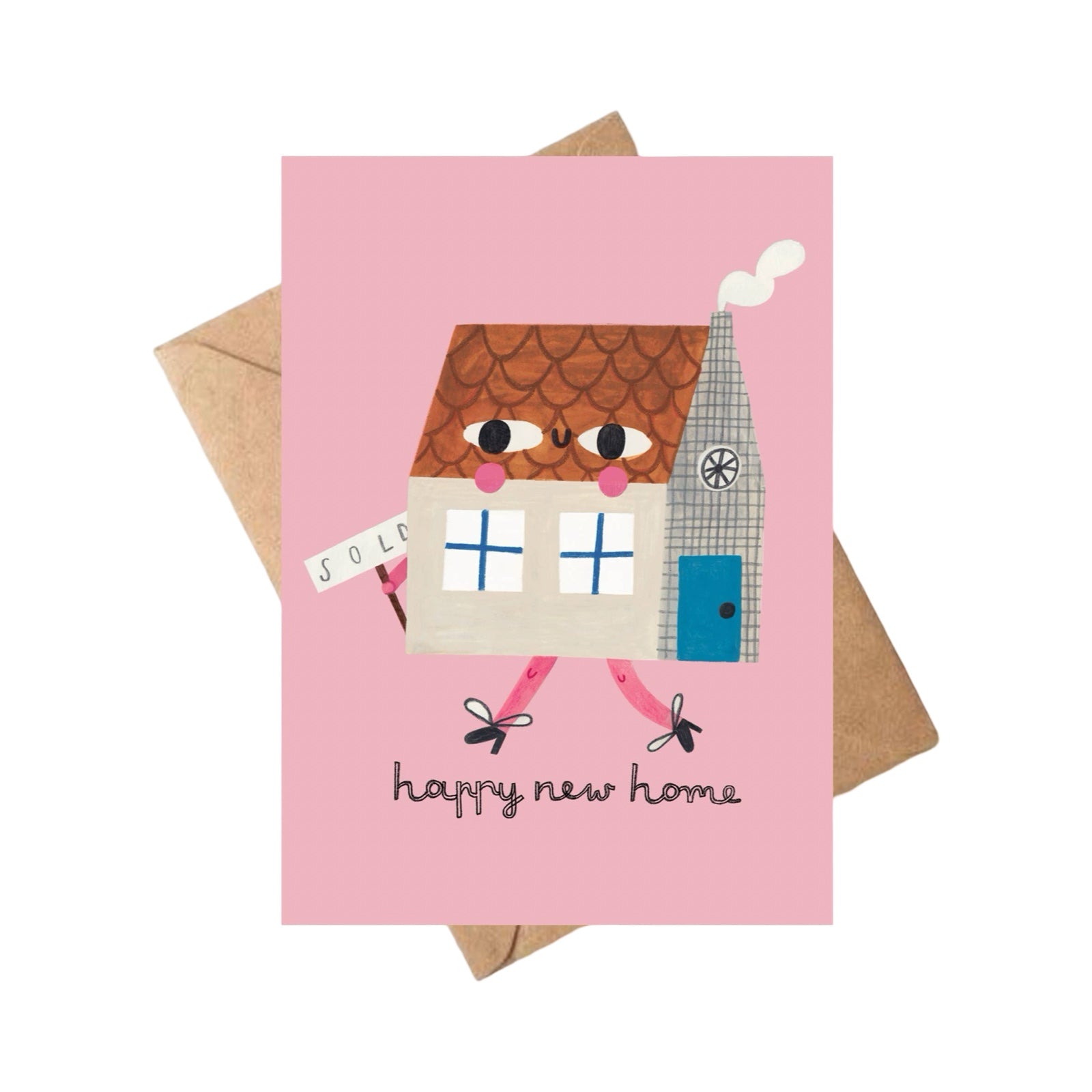 Greeting card with a house illustration and 'happy new home' text on a pink background.