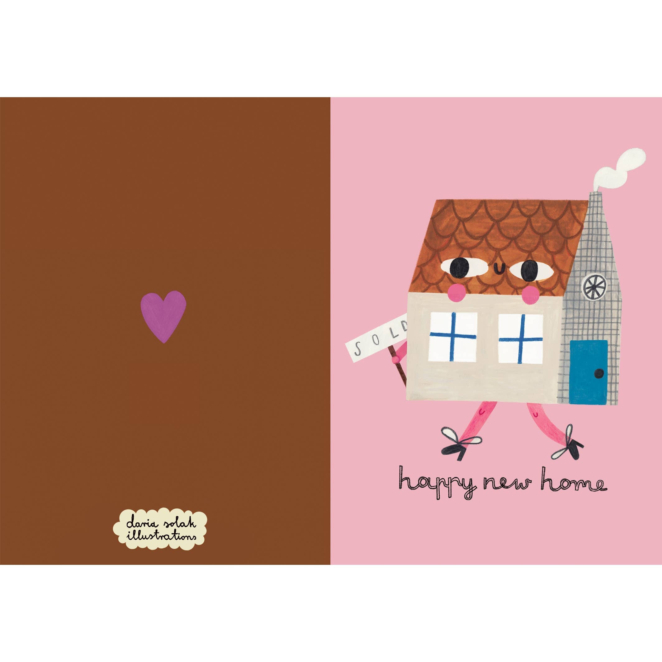 Card with a house illustration and 'happy new home' text on a pink background, with a brown heart on a separate brown background.