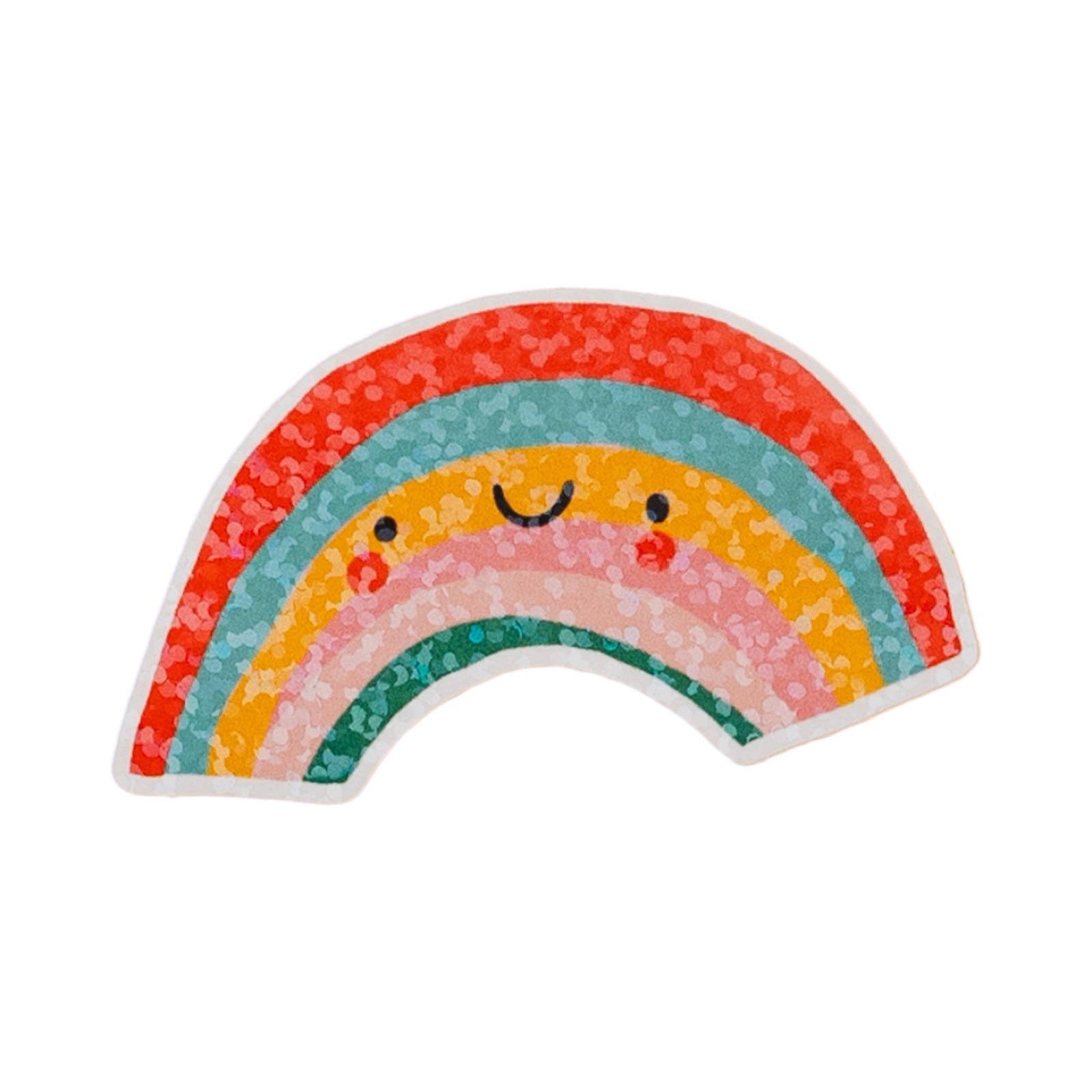 A cute, smiling rainbow sticker with a glittery texture, featuring multiple colors including red, orange, yellow, pink, teal, and green, on a plain white background.
