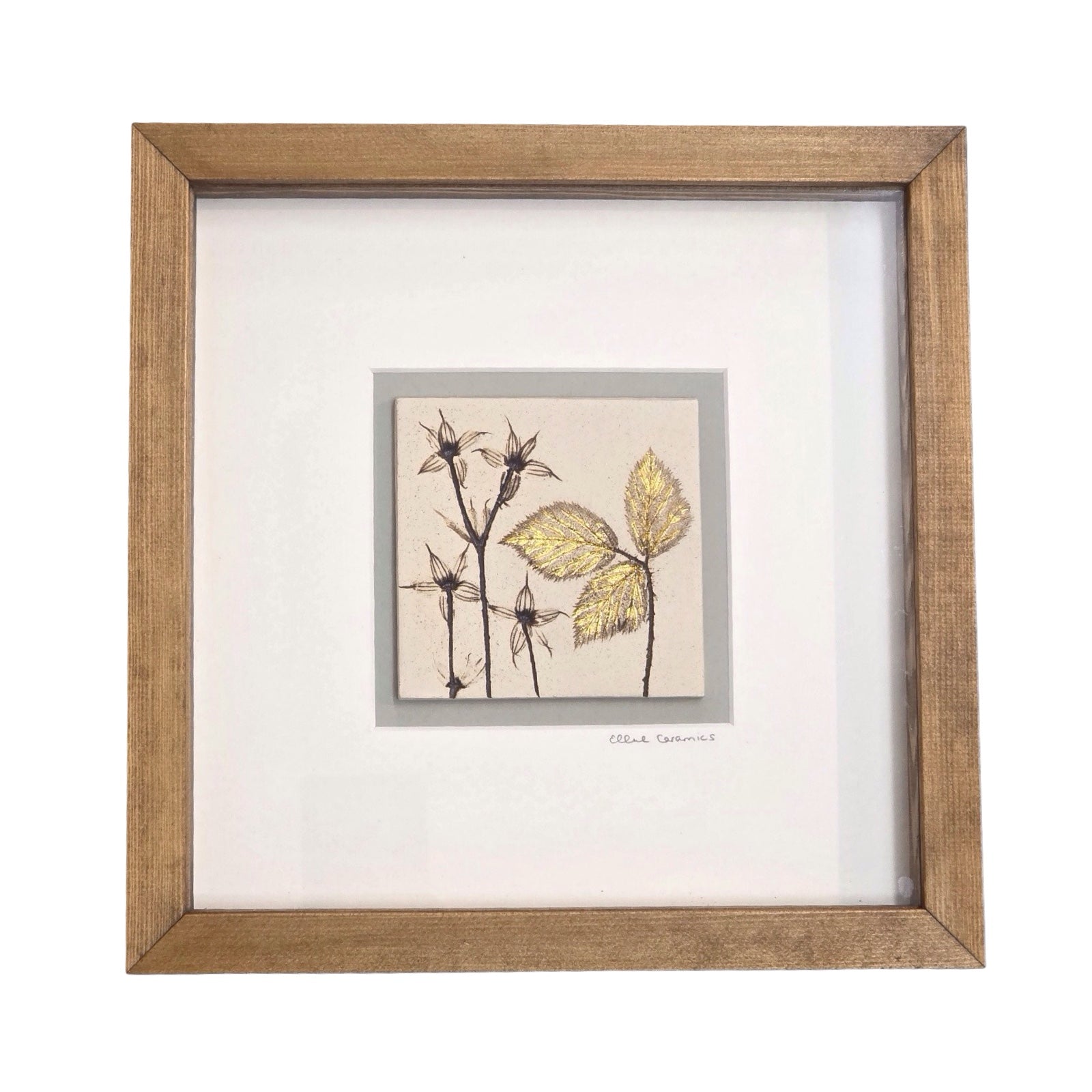 Framed botanical tile featuring hardy geranium in a wooden frame on a white background