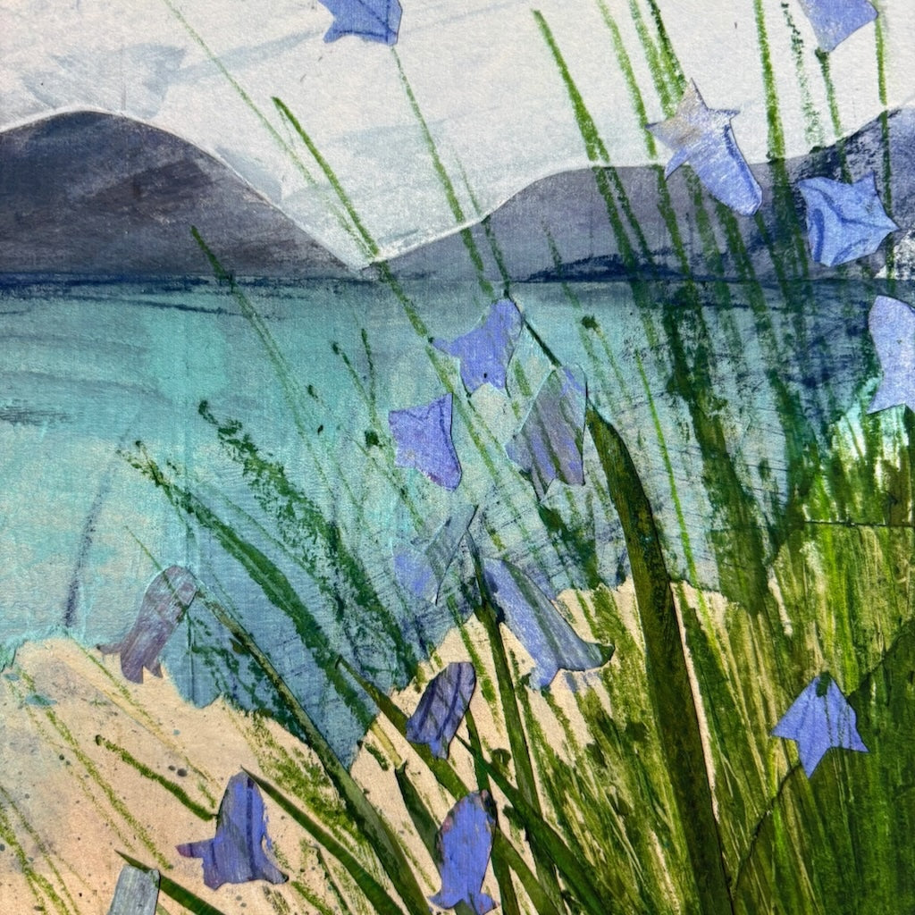 Artistic depiction of blue flowers with green stems and a mountainous background.