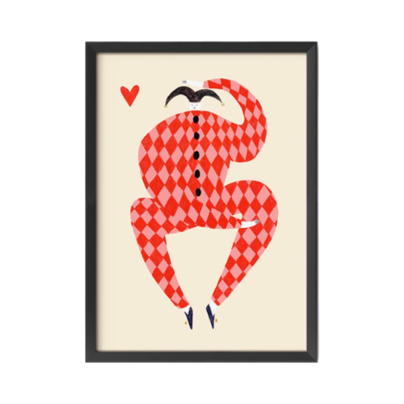 This print features an illustration of the character 'Harlequin' wearing a fabulous red and pink checked all-in-one suit. 