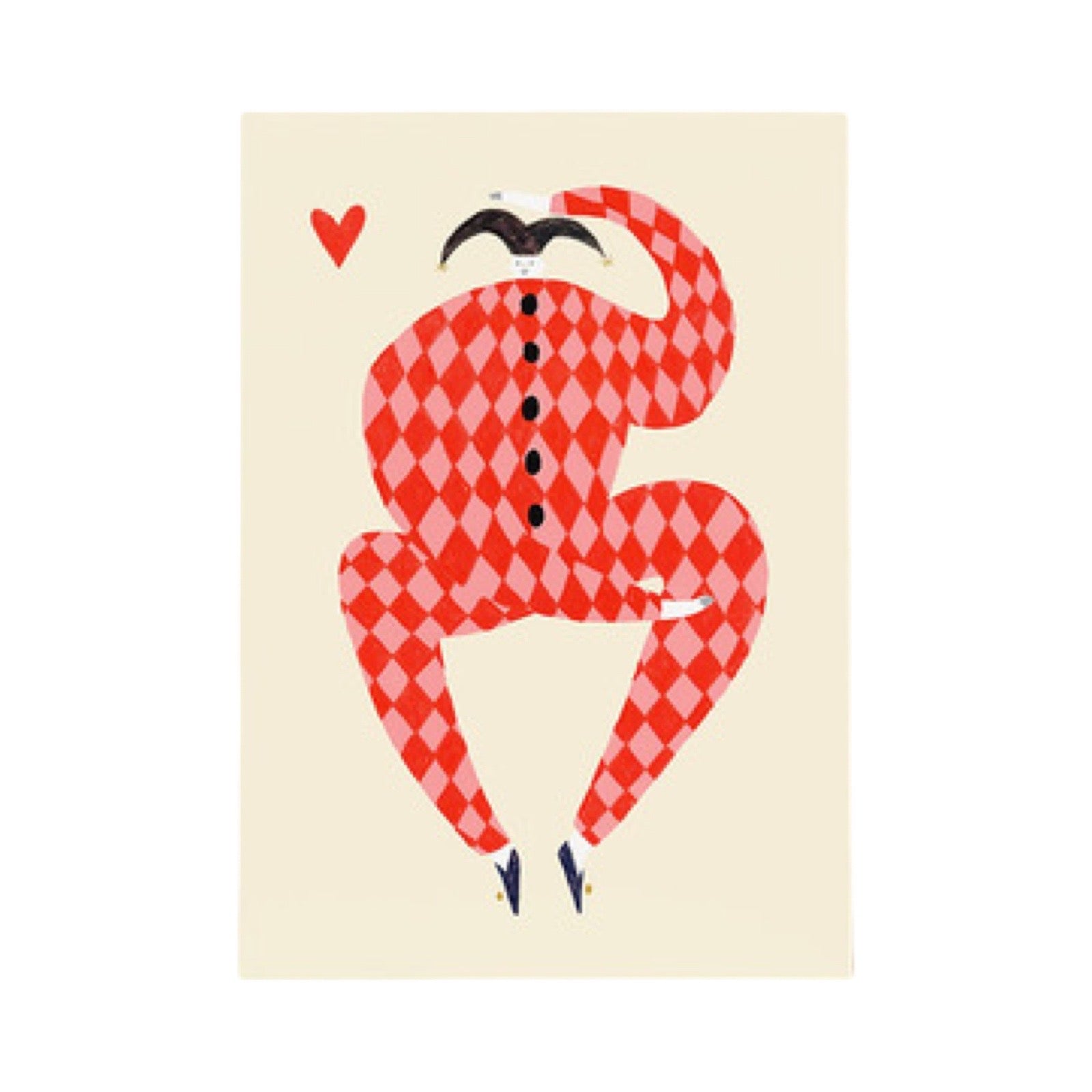 This print features an illustration of the character 'Harlequin' wearing a fabulous red and pink checked all-in-one suit. 