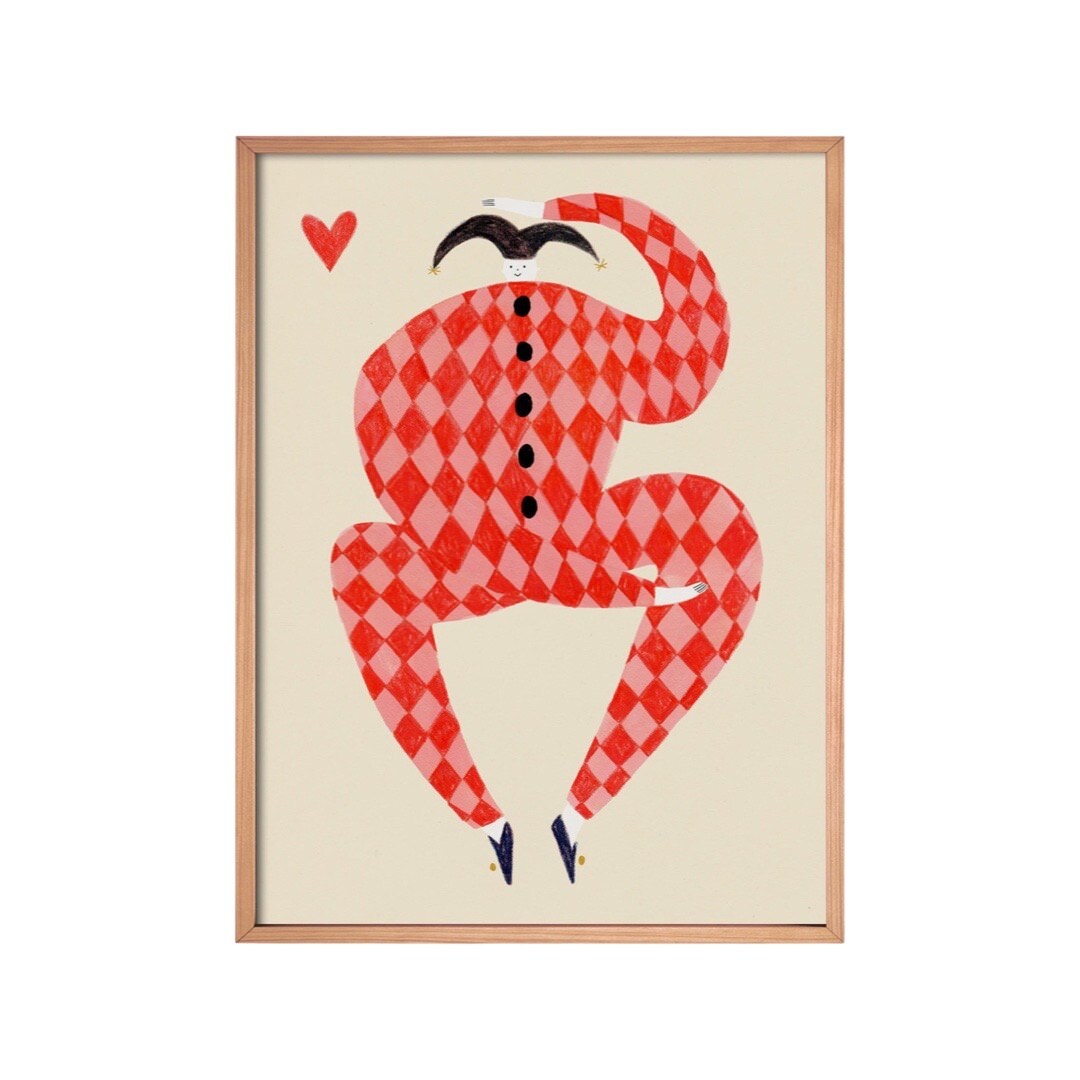 This print features an illustration of the character 'Harlequin' wearing a fabulous red and pink checked all-in-one suit. 