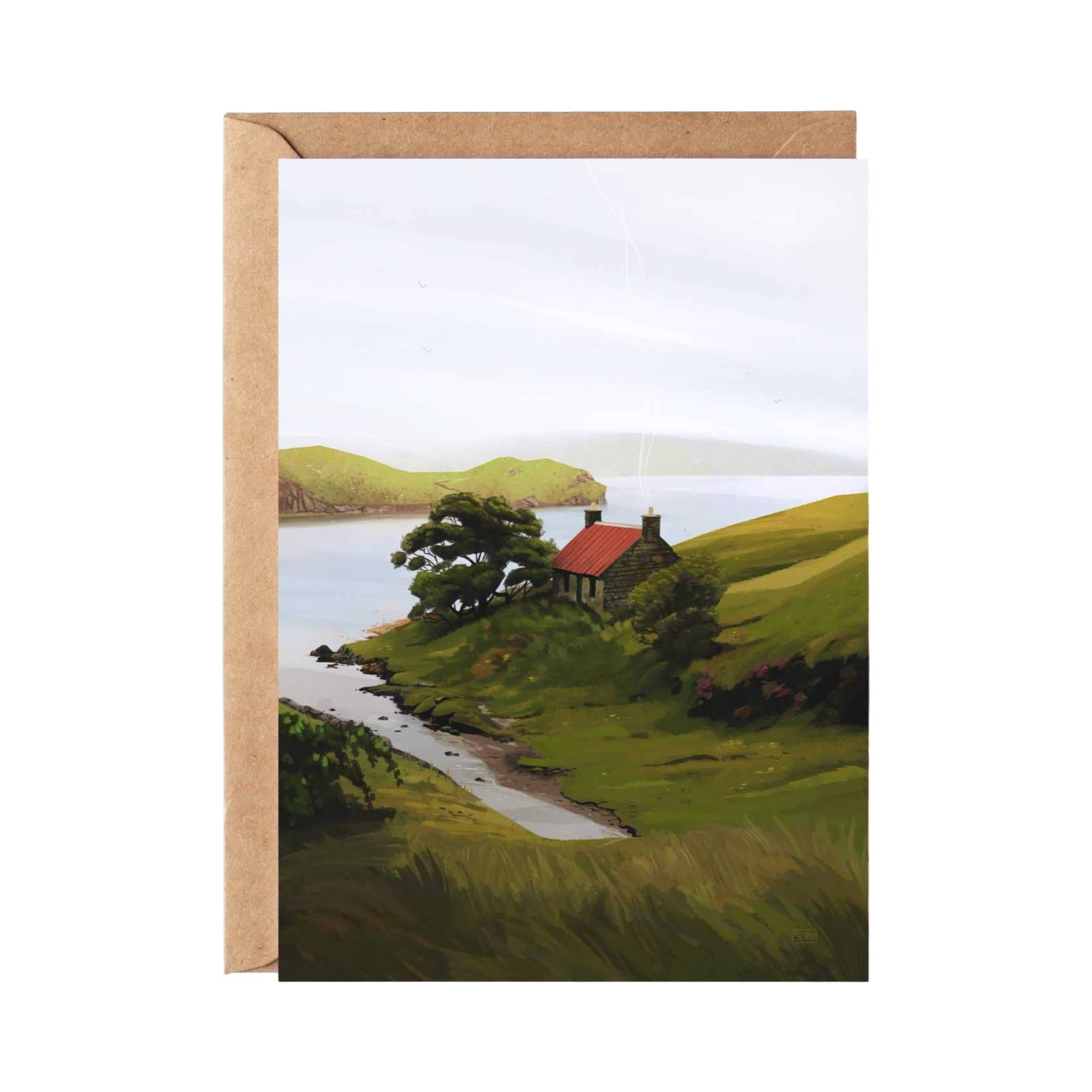 Card features the beautiful view of a bothy on the island of Harris with a red roof.