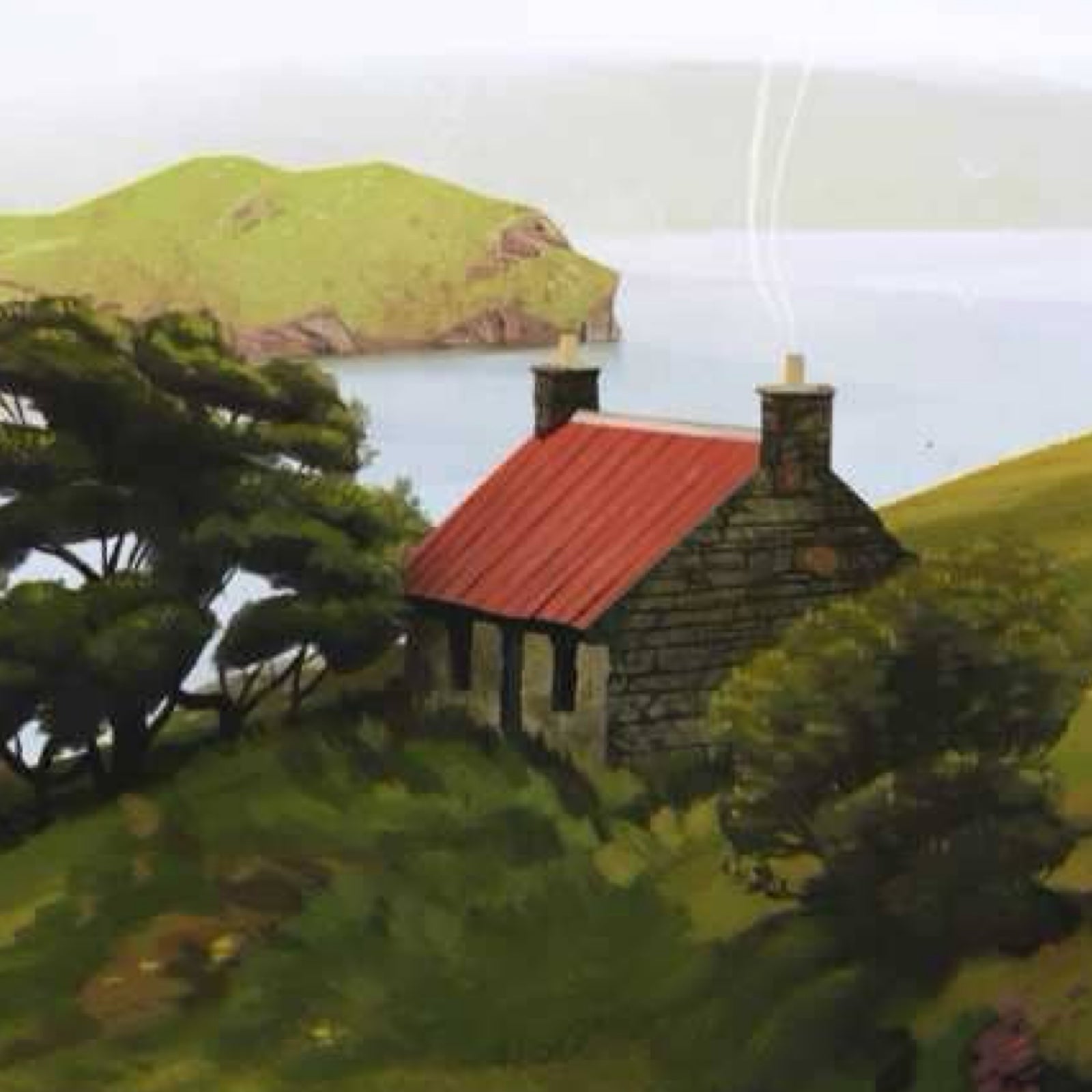 Card features the beautiful view of a bothy on the island of Harris with a red roof.
