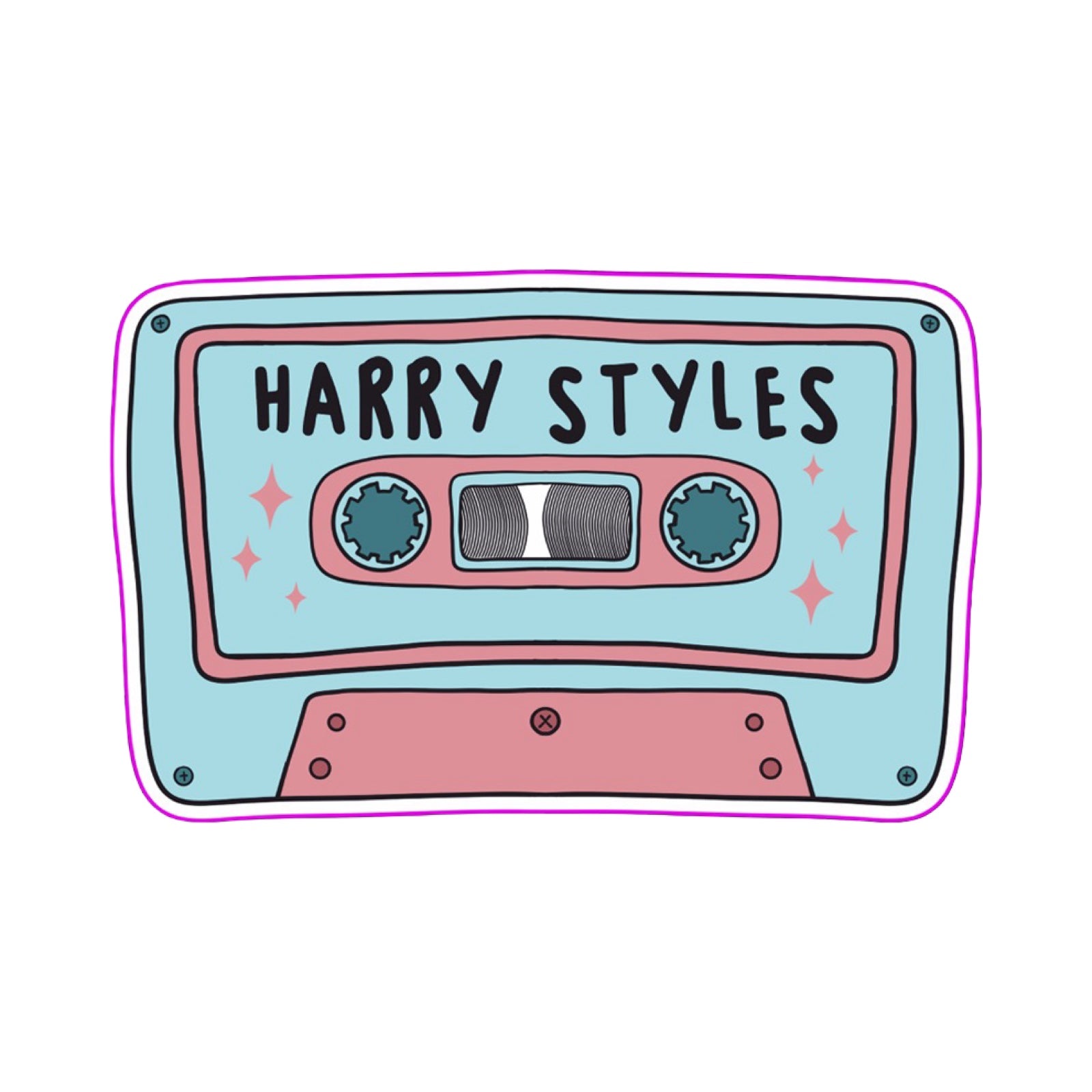 A rectangular-shaped sticker featuring an illustration of a retro cassette tape in light blue and pink with the title 'Harry Styles', decorated with pink stars. Each vinyl sticker is waterproof and scratch-resistant.