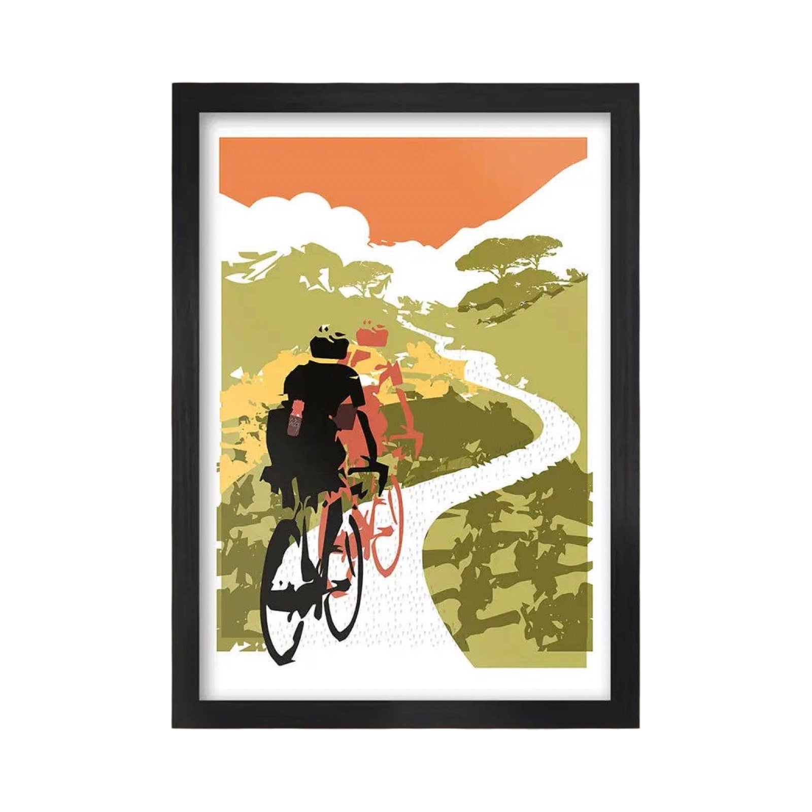 A framed art print featuring a stylized illustration of two cyclists riding along a winding path through a green landscape under an orange sky, presented in a black frame with a white background.