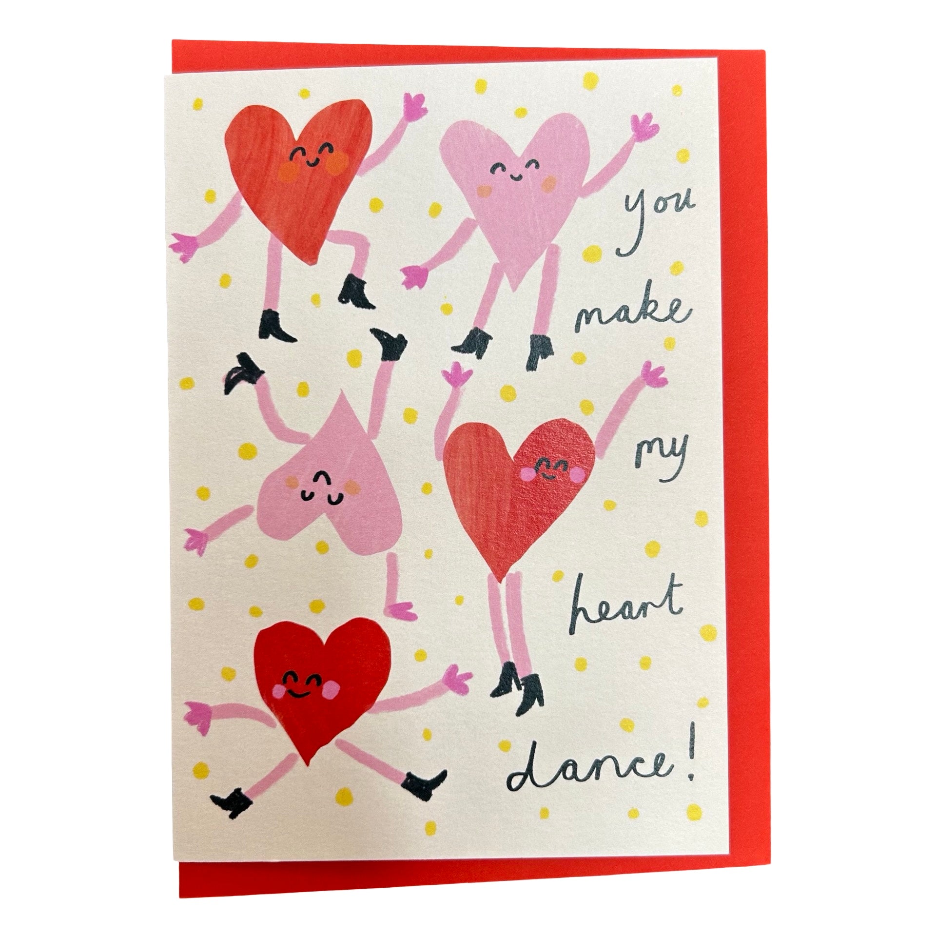 A6 card with dancing heart design in red and pink with a red envelope.